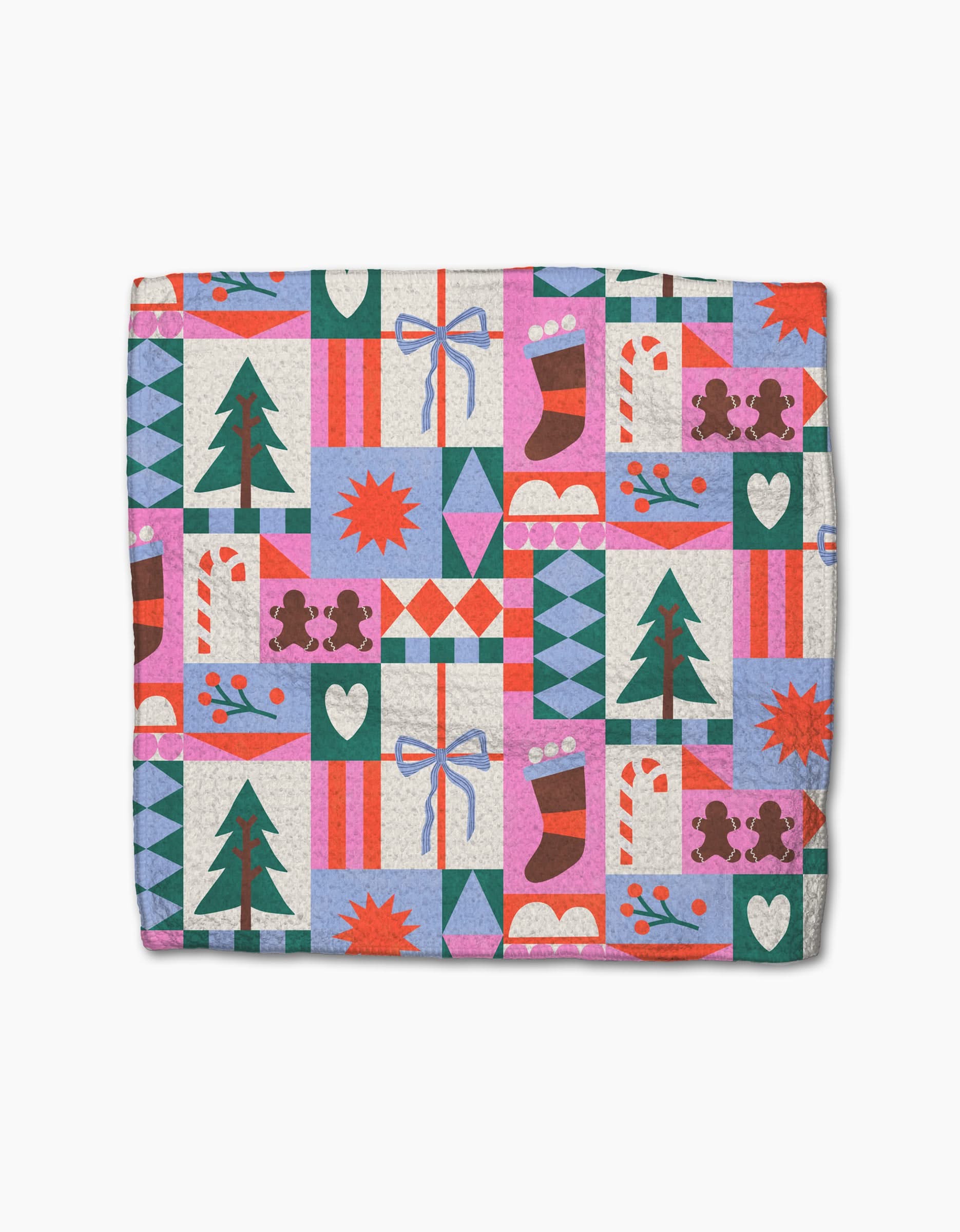 Festive Cheer by Claire Iglesias is a vibrant Christmas blanket with trees, gifts, stockings, hearts, and more in red, pink, green, blue, and white squares—crafted from recycled materials.