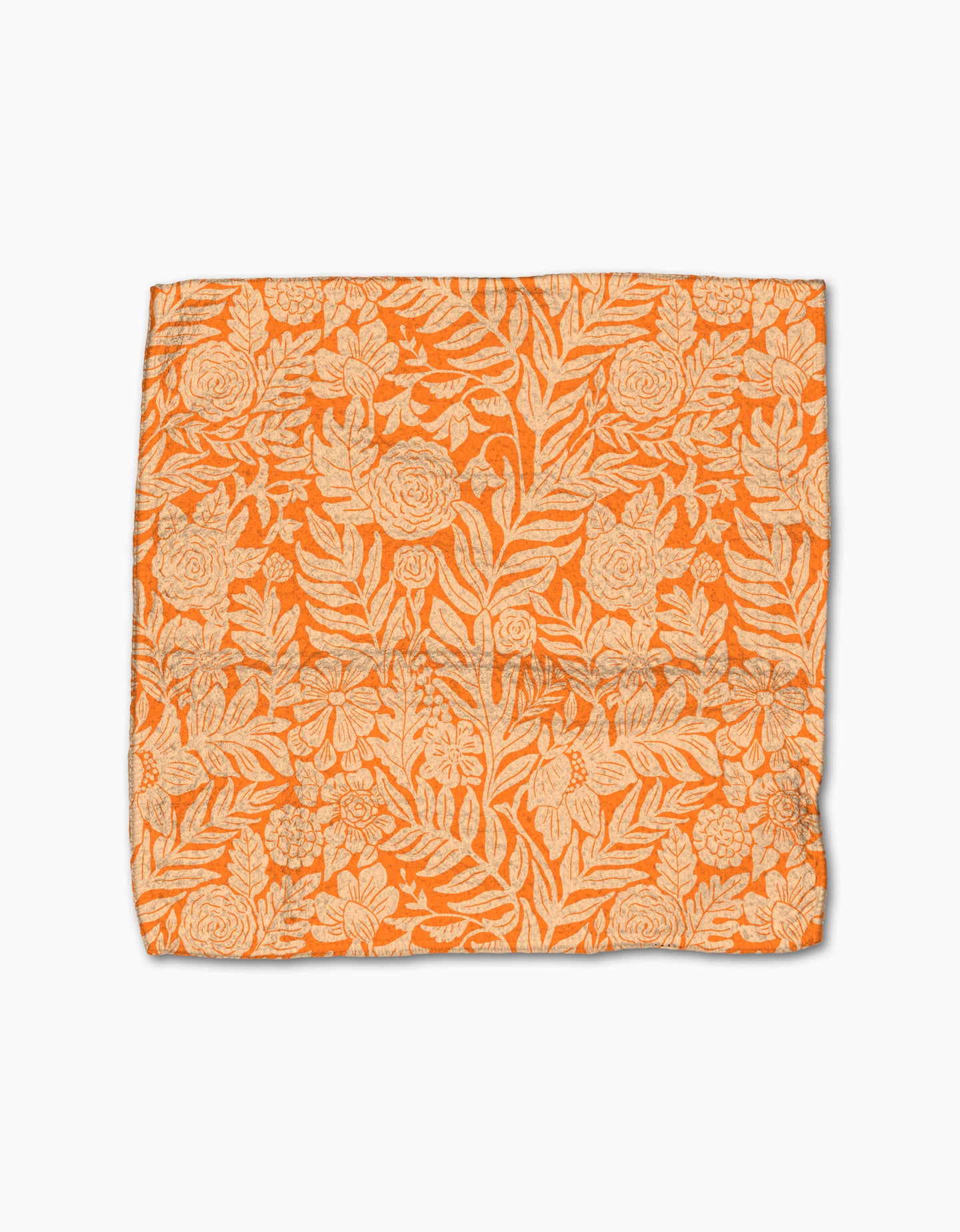 The Florence fabric square by Katie OShea features an orange base with a cream floral and leaf pattern, intricately designed and crafted from recycled materials, shown laid flat on a white background.