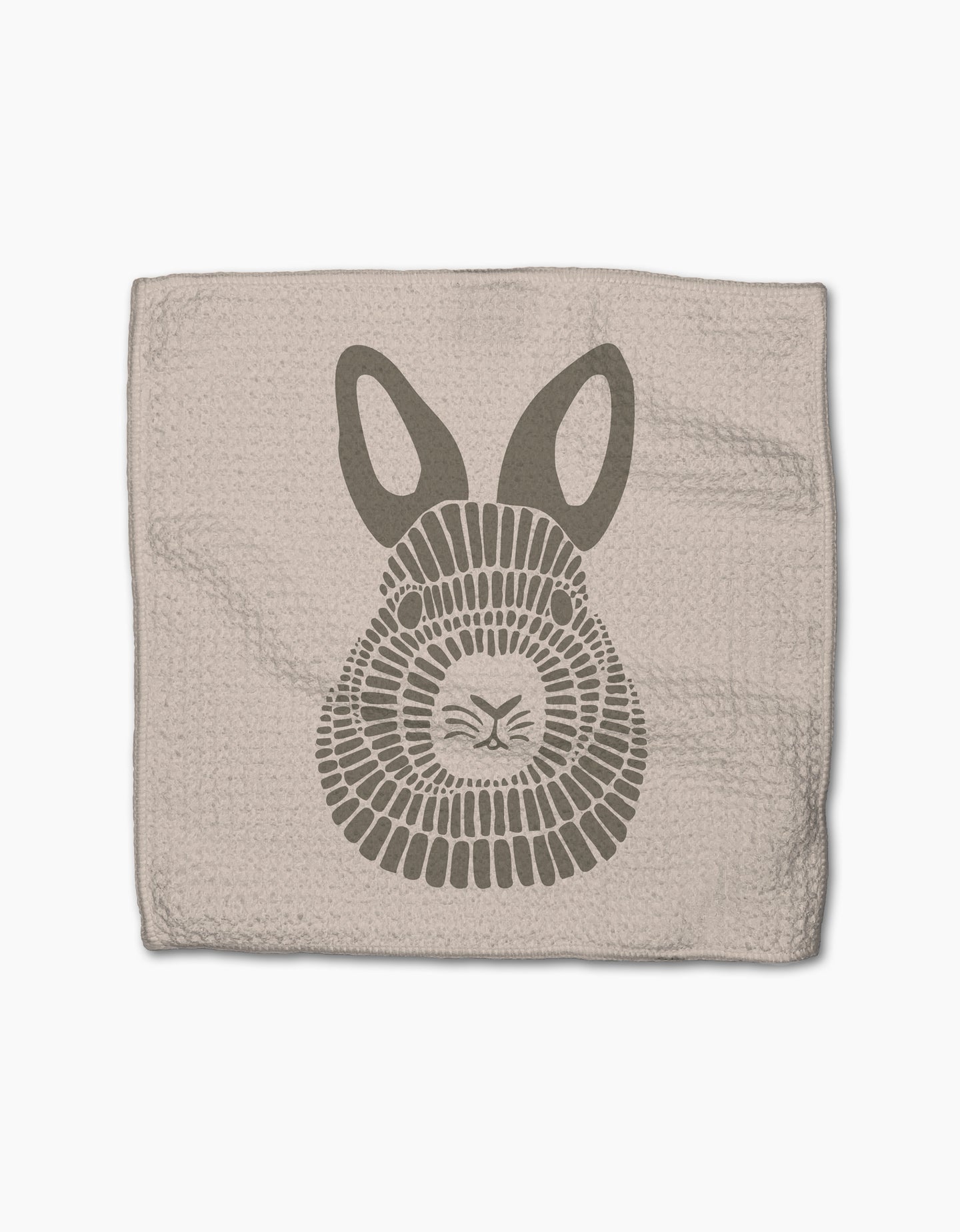 Forest Animals by Rosa Kichline: A beige textured cloth made from recycled materials, featuring a stylized gray bunny face with large ears and geometric fur, set against a white background.