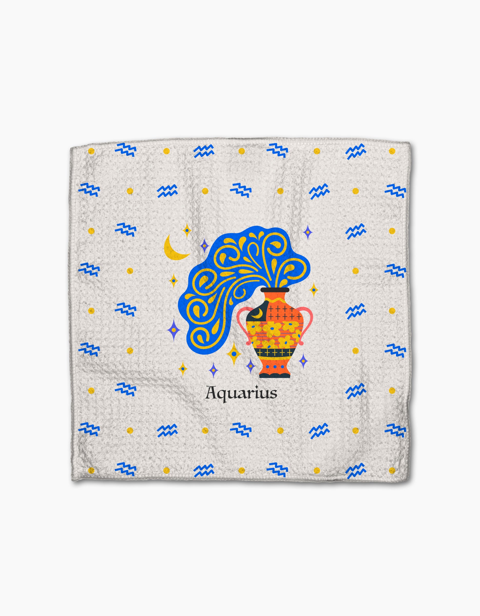 The Free Aquarius dishcloth by Heather Zhou is white and recycled, featuring an illustrated water jug with colorful swirls, yellow dots, blue Aquarius zodiac symbols, stars, and a crescent moon.
