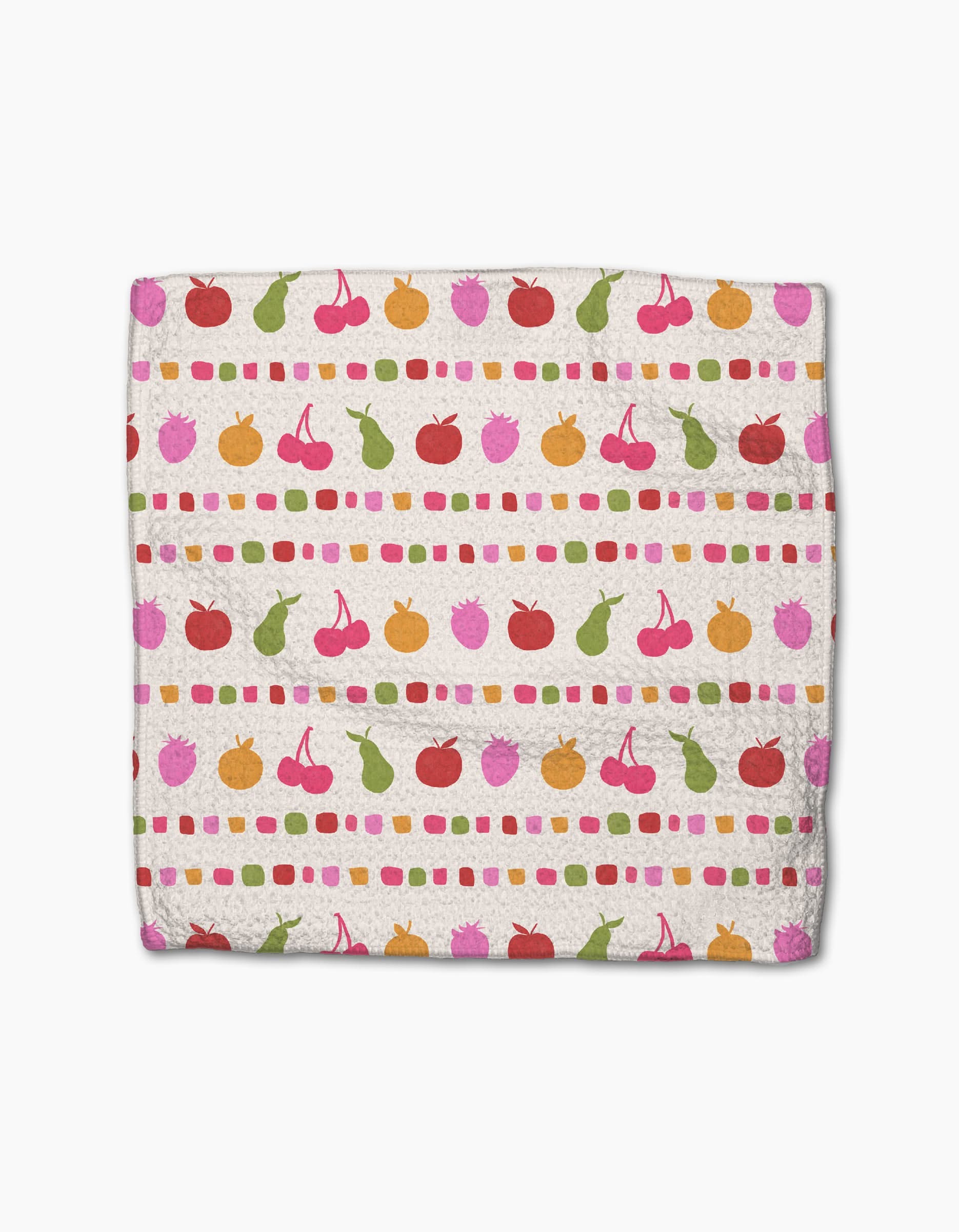 The Fruits At The Party napkin by Geometry is made from Geoweave fabric and features colorful cherries, oranges, and pears in rows with pink, green, and orange dotted lines on a cream background.