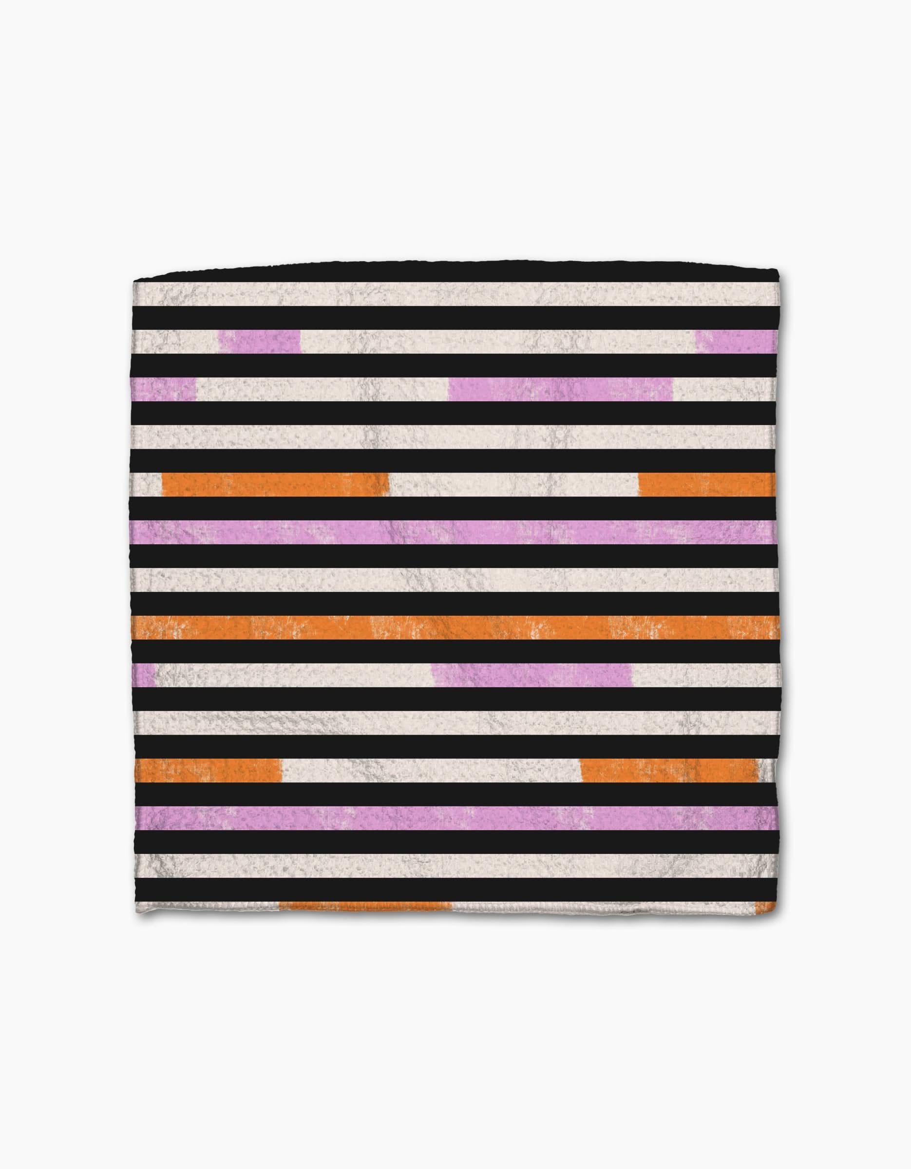 The Geometry Funk On square dishcloth, made from recycled materials, has horizontal black, white, orange, and purple stripes on white; the orange and purple stripes are short, broken segments.