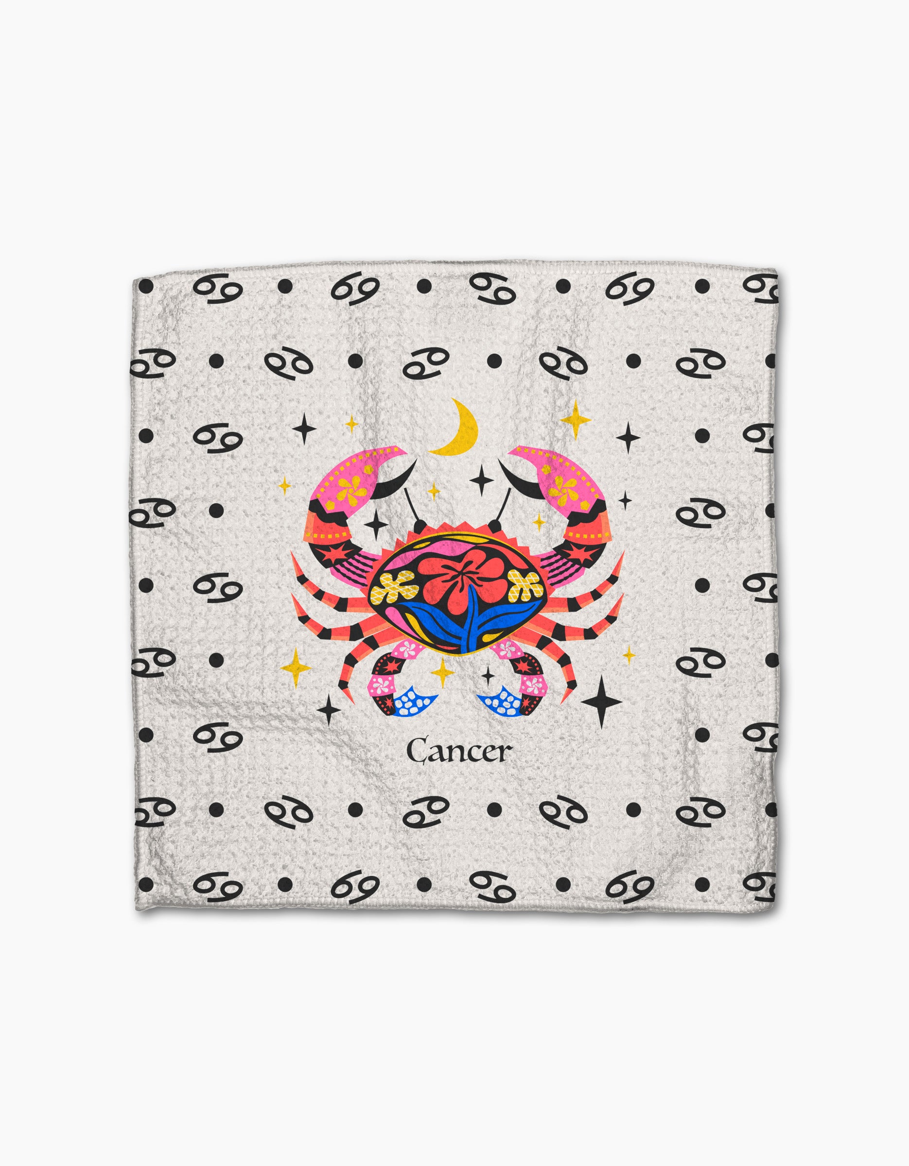 Gentle Cancer by Heather Zhou is a square recycled cloth with a colorful crab under a yellow crescent moon and "Cancer" below, set on a white background with black polka dots and repeating Cancer zodiac symbols.