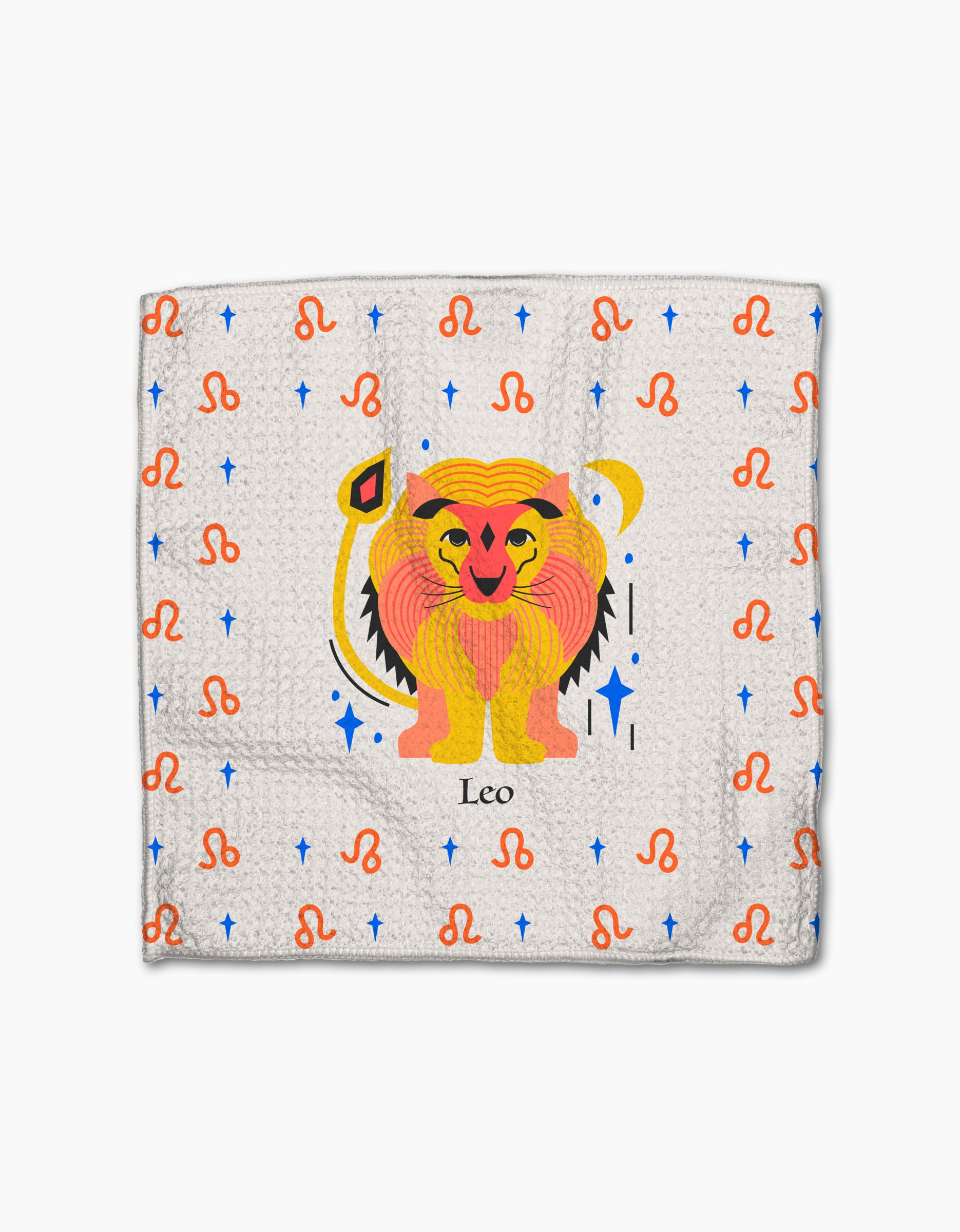 The Glowing Leo dishcloths by Heather Zhou feature a colorful lion with a heart-shaped face labeled Leo, centered on white textured fabric with orange zodiac symbols and small blue stars.