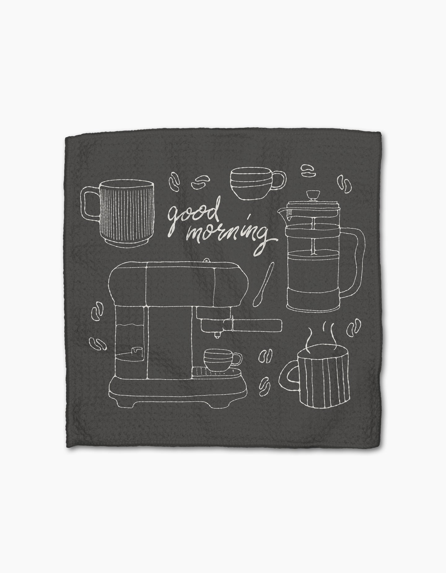 The Rosa Kichline Good Morning Coffee napkin is dark, made from recycled materials, with white line art of coffee mugs, a French press, espresso machine, beans, and good morning in cursive at the center.