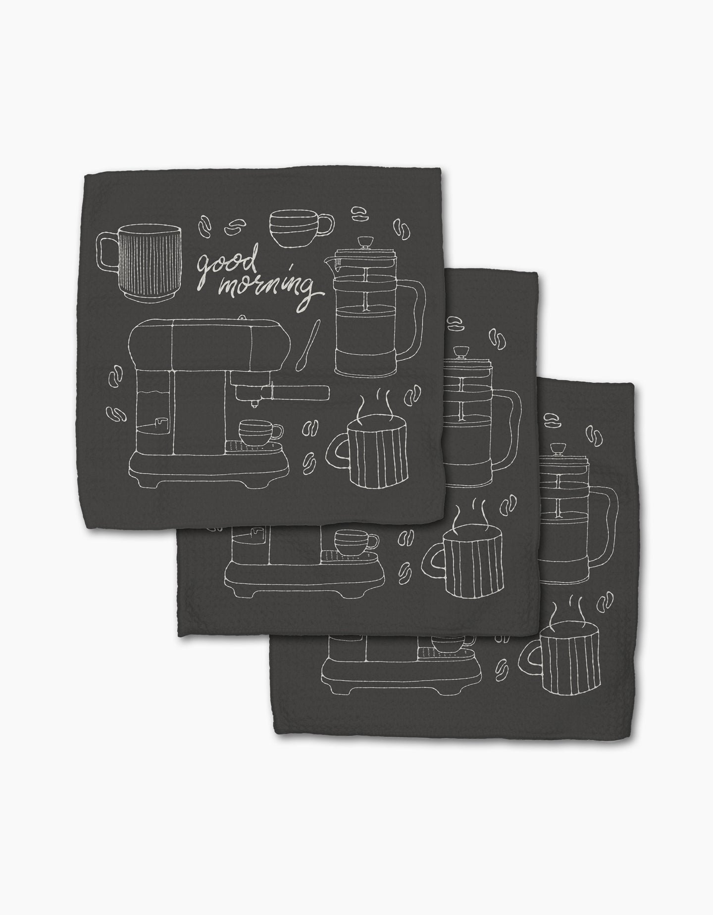 The Rosa Kichline Good Morning Coffee set includes three black recycled cloth napkins with minimalist white line art of coffee cups, a French press, beans, and good morning cursive in a repeating pattern.