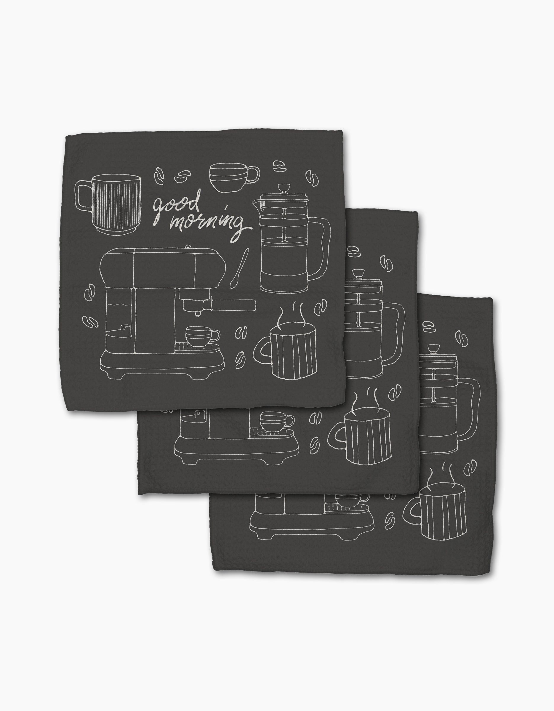 The Rosa Kichline Good Morning Coffee set includes three black recycled cloth napkins with minimalist white line art of coffee cups, a French press, beans, and good morning cursive in a repeating pattern.