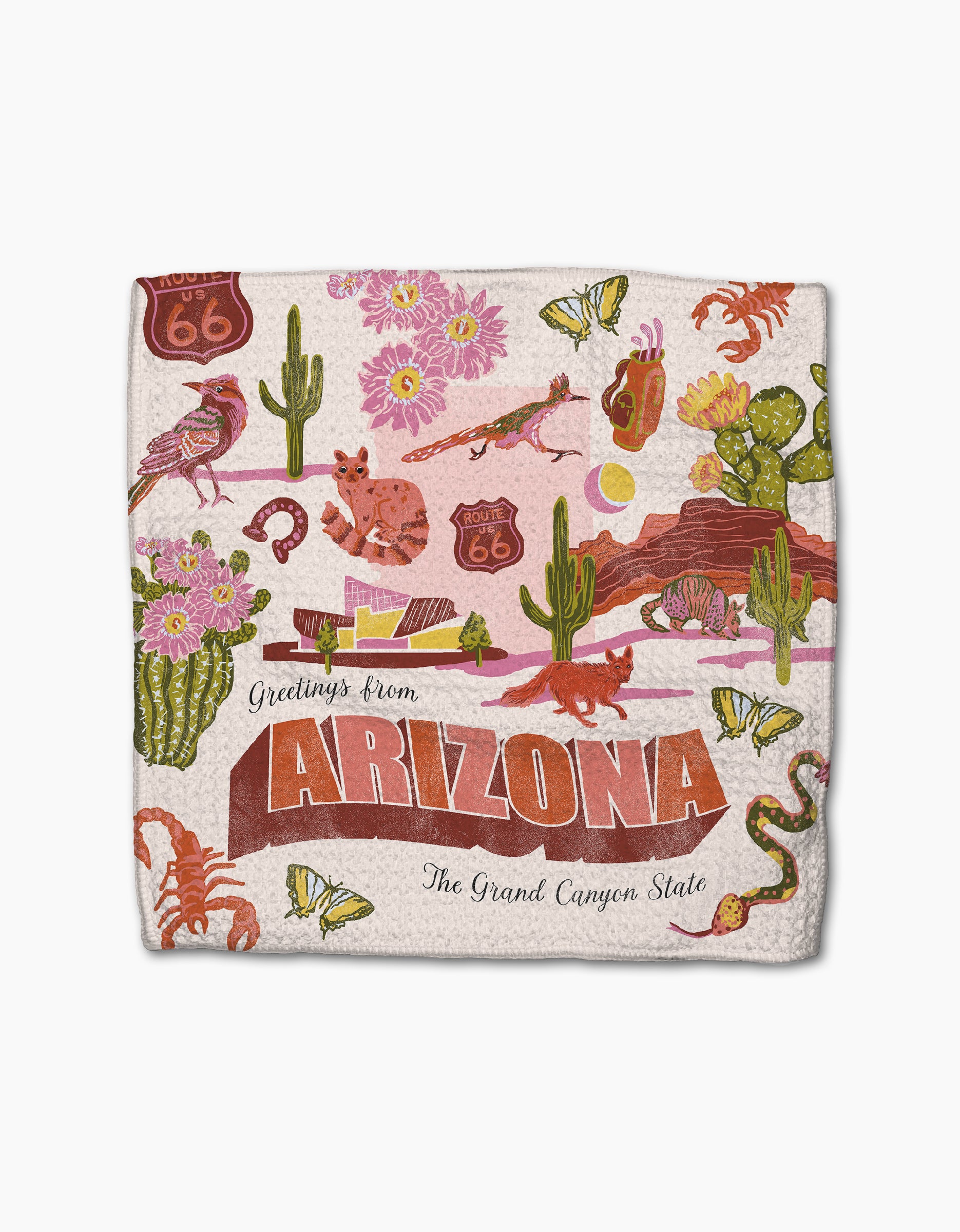 Geometry’s “Greetings From Arizona” dishcloth features colorful illustrations of cacti, flowers, butterflies, a lizard, snake, scorpion, mountains, and Route 66 signs with “The Grand Canyon State” greeting. Made from recycled materials.