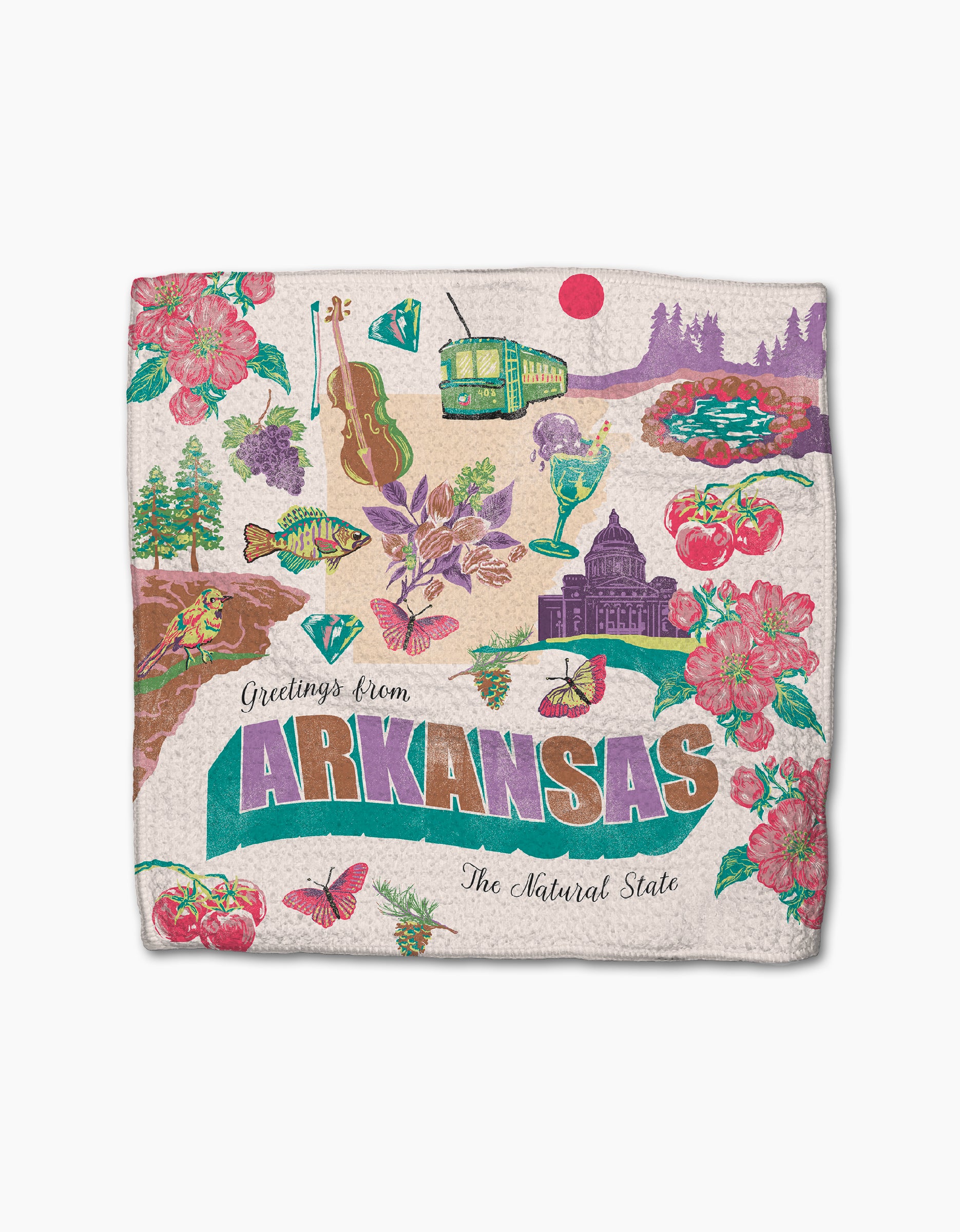 The Geometry "Greetings From Arkansas" dishtowel set features colorful state symbols and the phrase "The Natural State" on a white, super-absorbent towel made from recycled materials.
