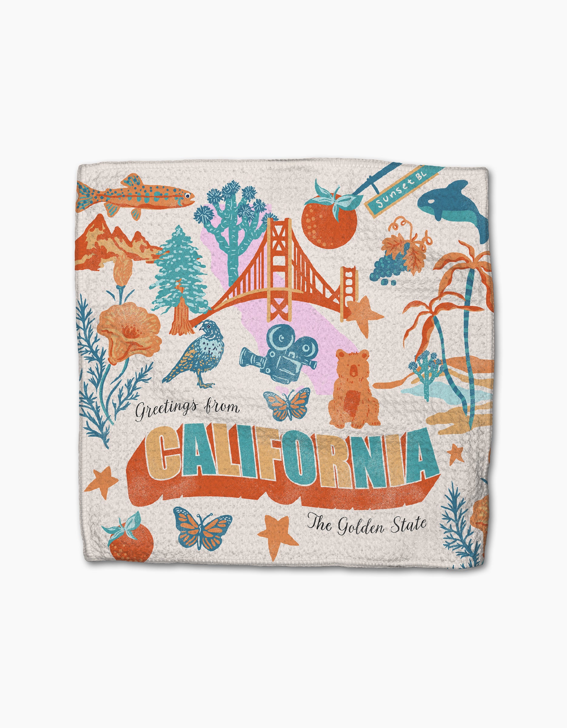 The Geometry "Greetings From California" dishtowel features colorful icons like the Golden Gate Bridge, bear, and poppies. Made from recycled materials, it reads "Greetings from CALIFORNIA, The Golden State.