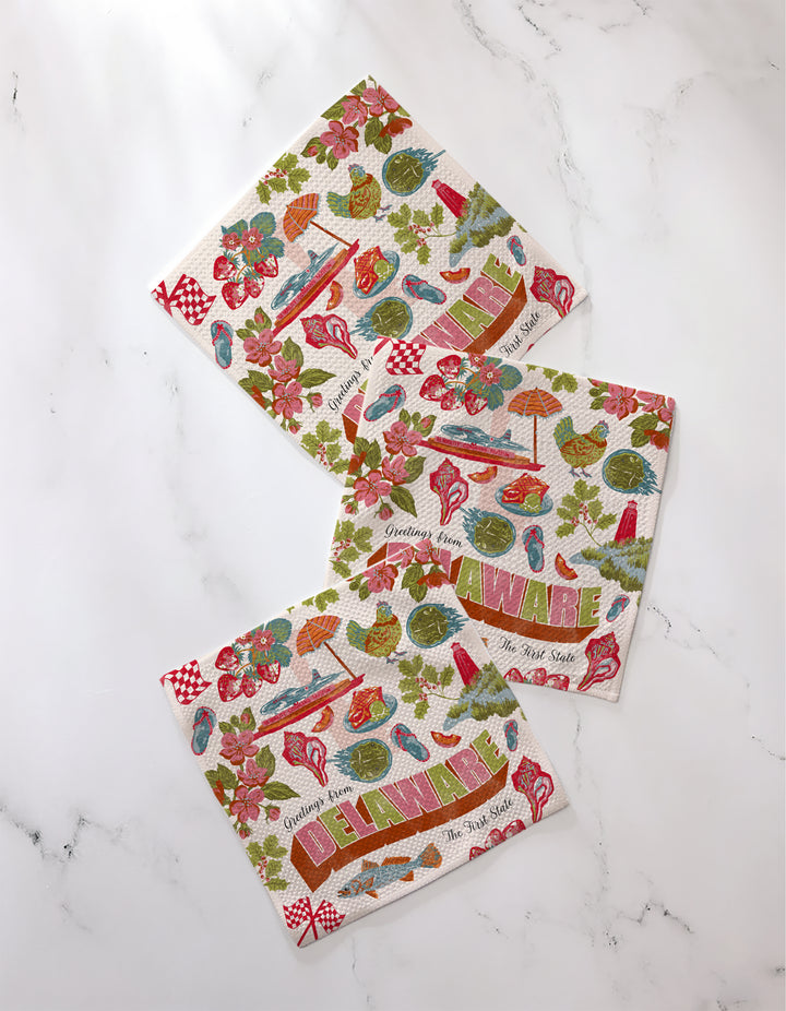 The Geometry 'Greetings From Delaware' dishcloth set includes three eco-friendly napkins with colorful Delaware-themed illustrations, featuring local icons like seashells, birds, and flowers—made from recycled materials.