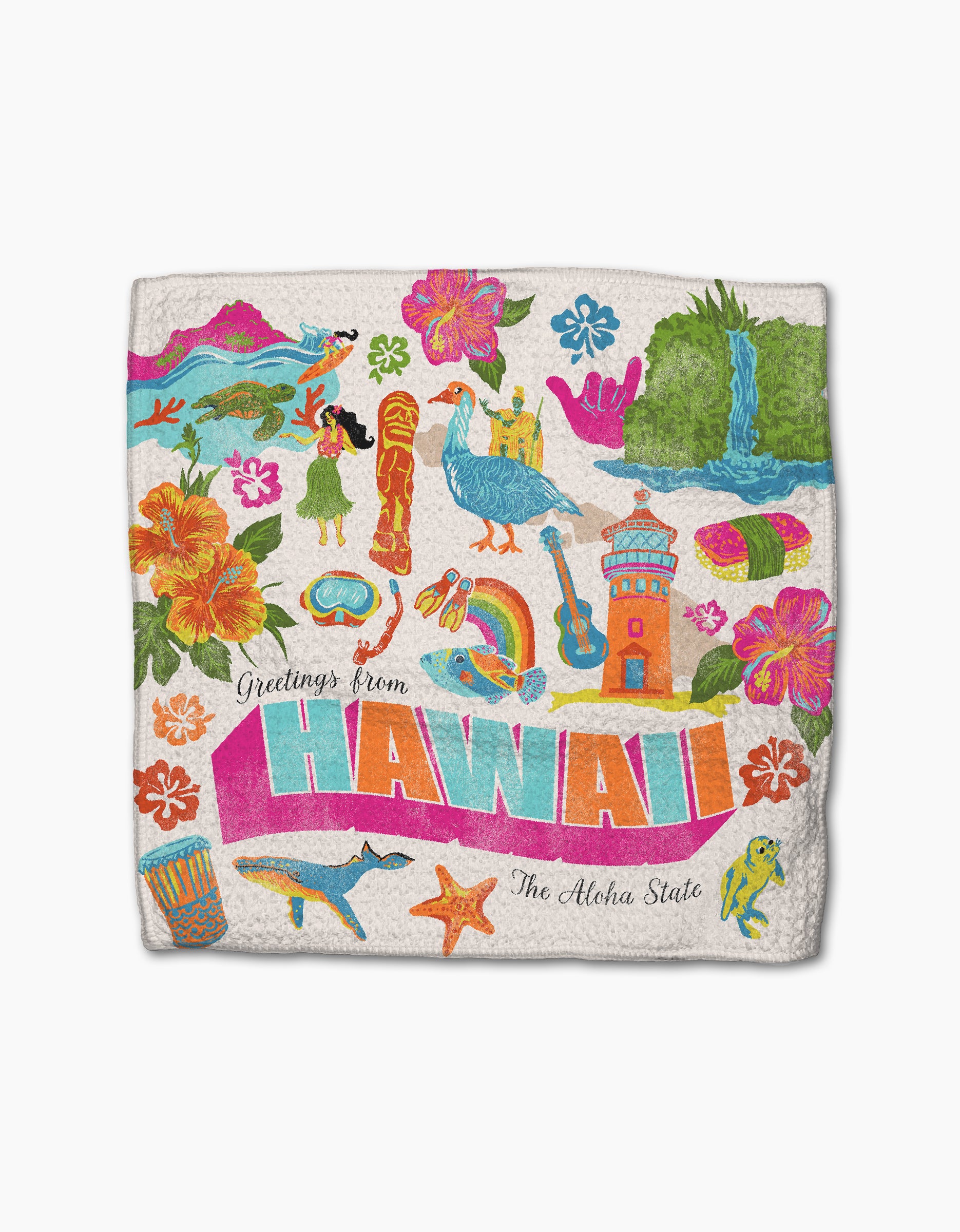 The Greetings From Hawaii dishtowel set by Geometry features vibrant tropical flowers, birds, sea life, and a volcano on white. Made from recycled materials, these super-absorbent towels are both eco-friendly and stylish.