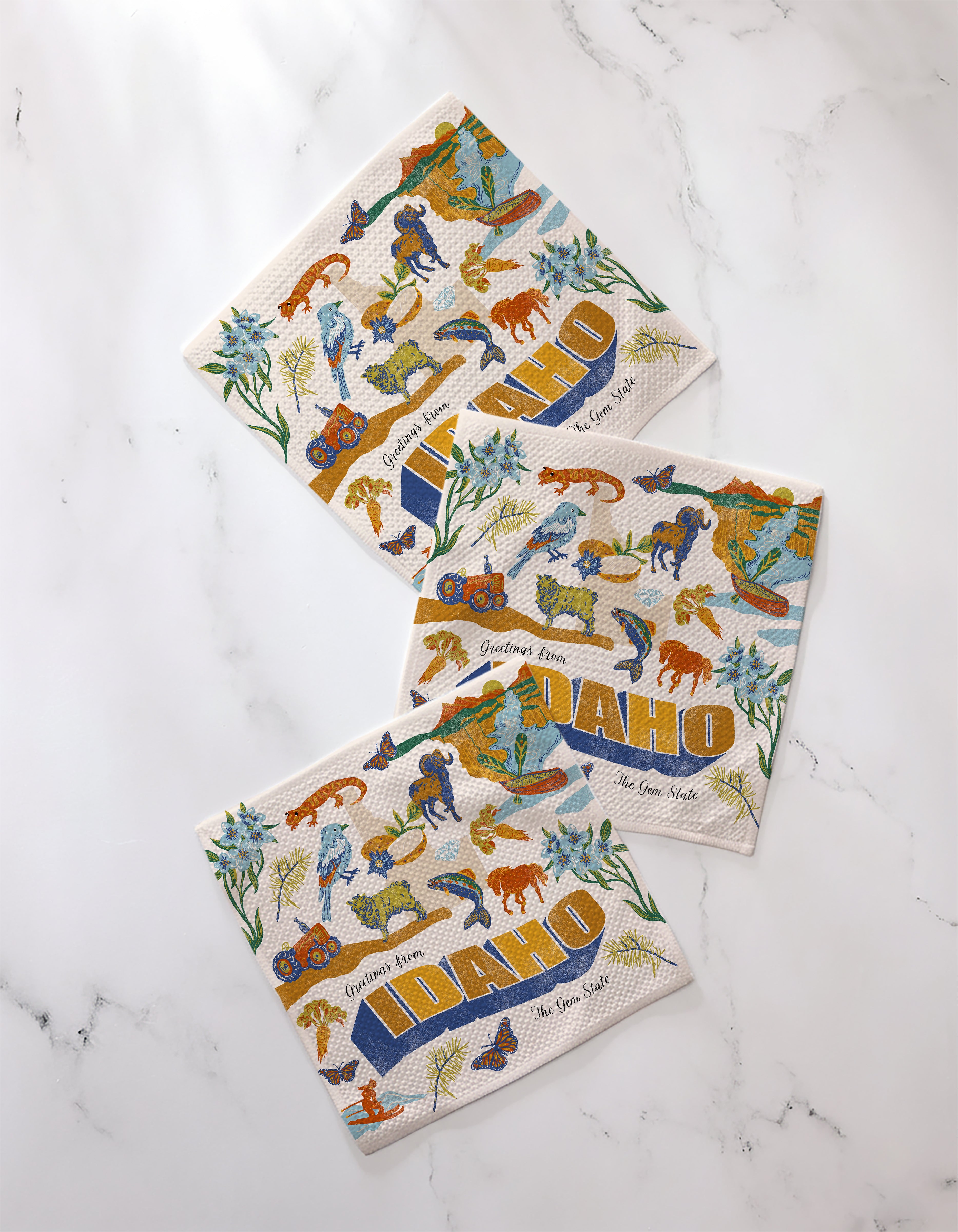 The Geometry "Greetings From Idaho" set features three decorative, super-absorbent napkins with colorful Idaho-themed designs—animals, plants, and bold "IDAHO" lettering—perfect for use as dish towels or a playful dishcloth set.
