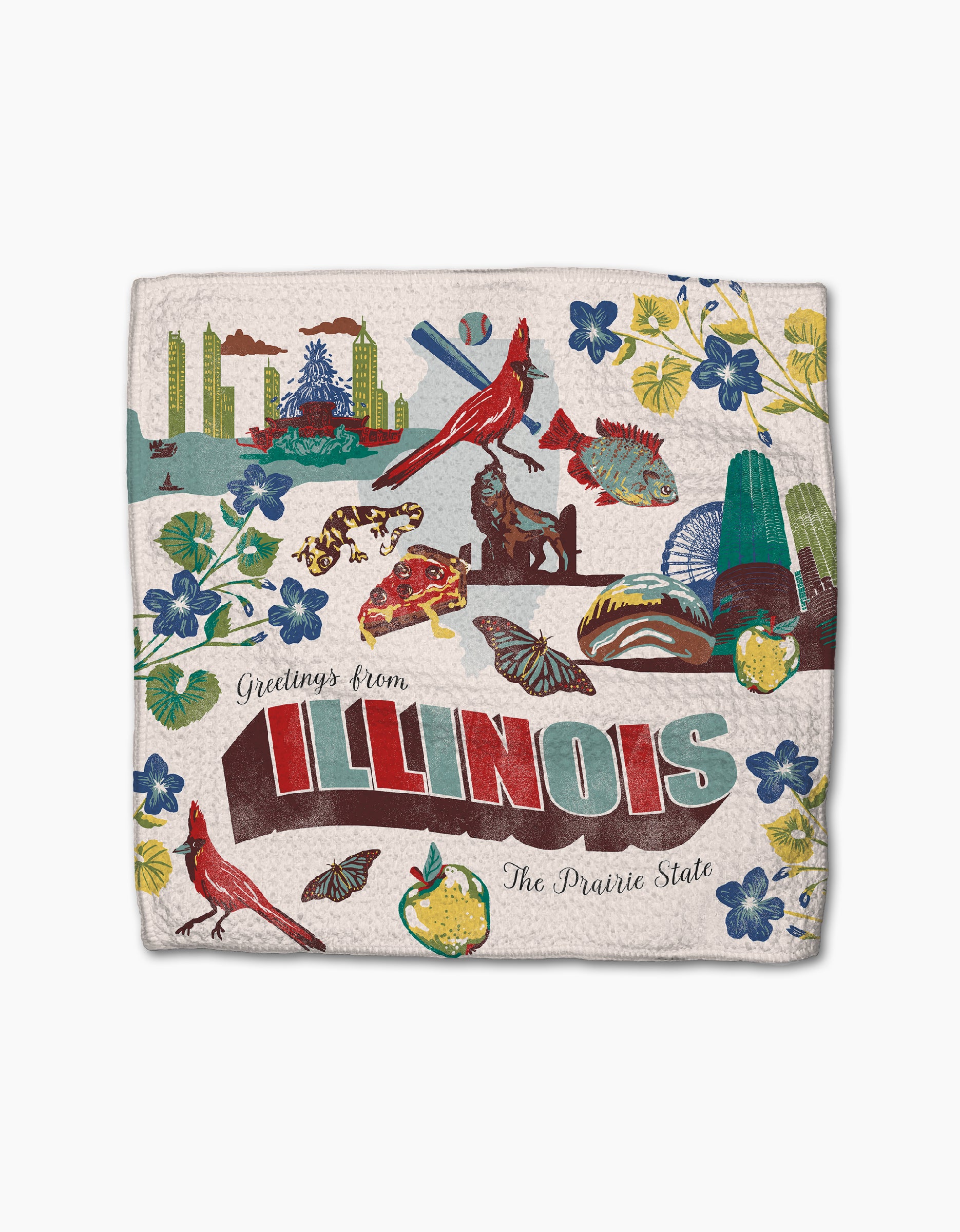 The Geometry "Greetings From Illinois" kitchen towel is colorful and absorbent, featuring cardinals, fish, flowers, the Chicago skyline, Abraham Lincoln statue, apples, and "The Prairie State" text.