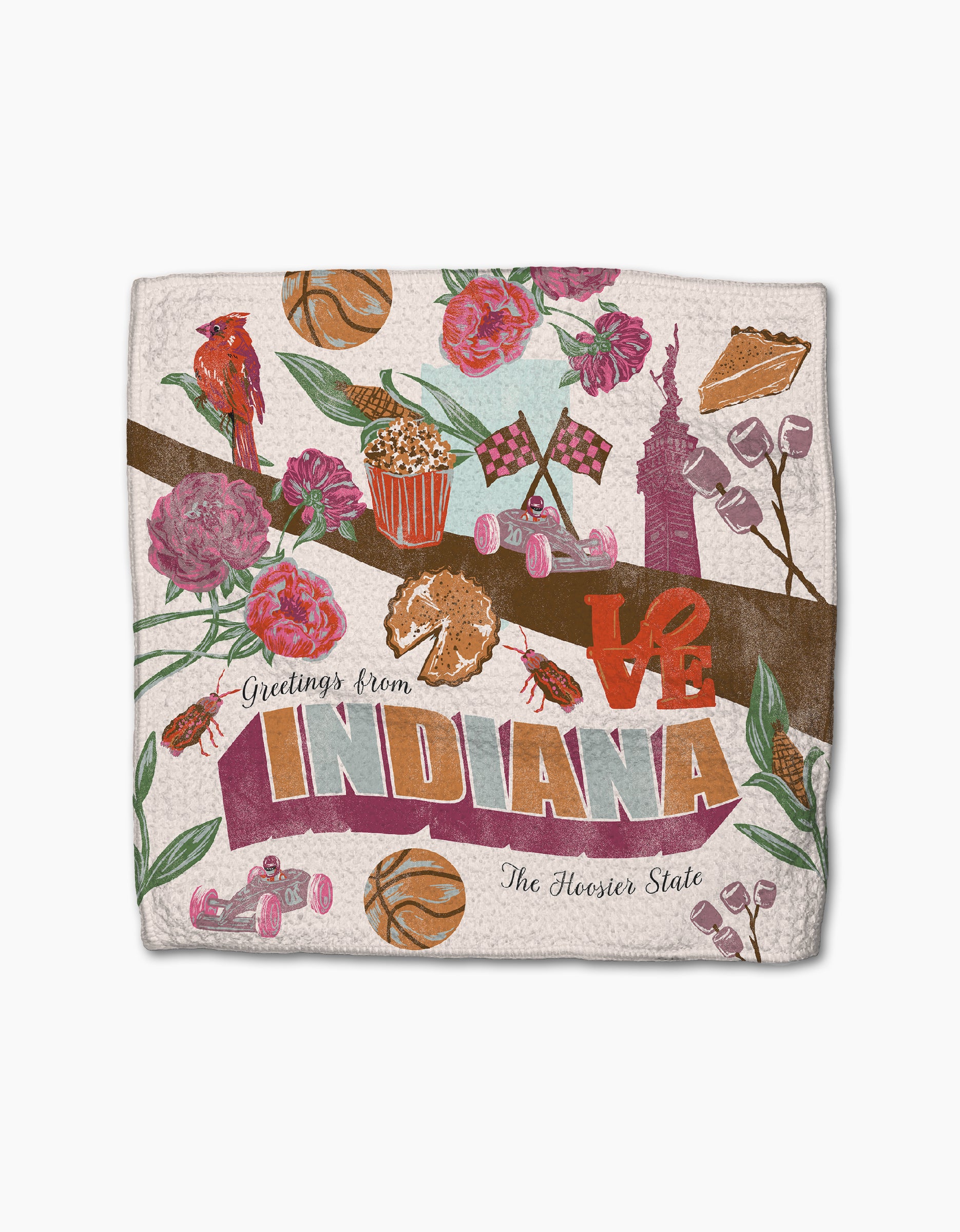 The Geometry "Greetings From Indiana" dishtowel is a decorative, super-absorbent towel featuring basketballs, racecars, fried chicken, pie, flowers, cardinals, popcorn, and “LOVE” in red letters.