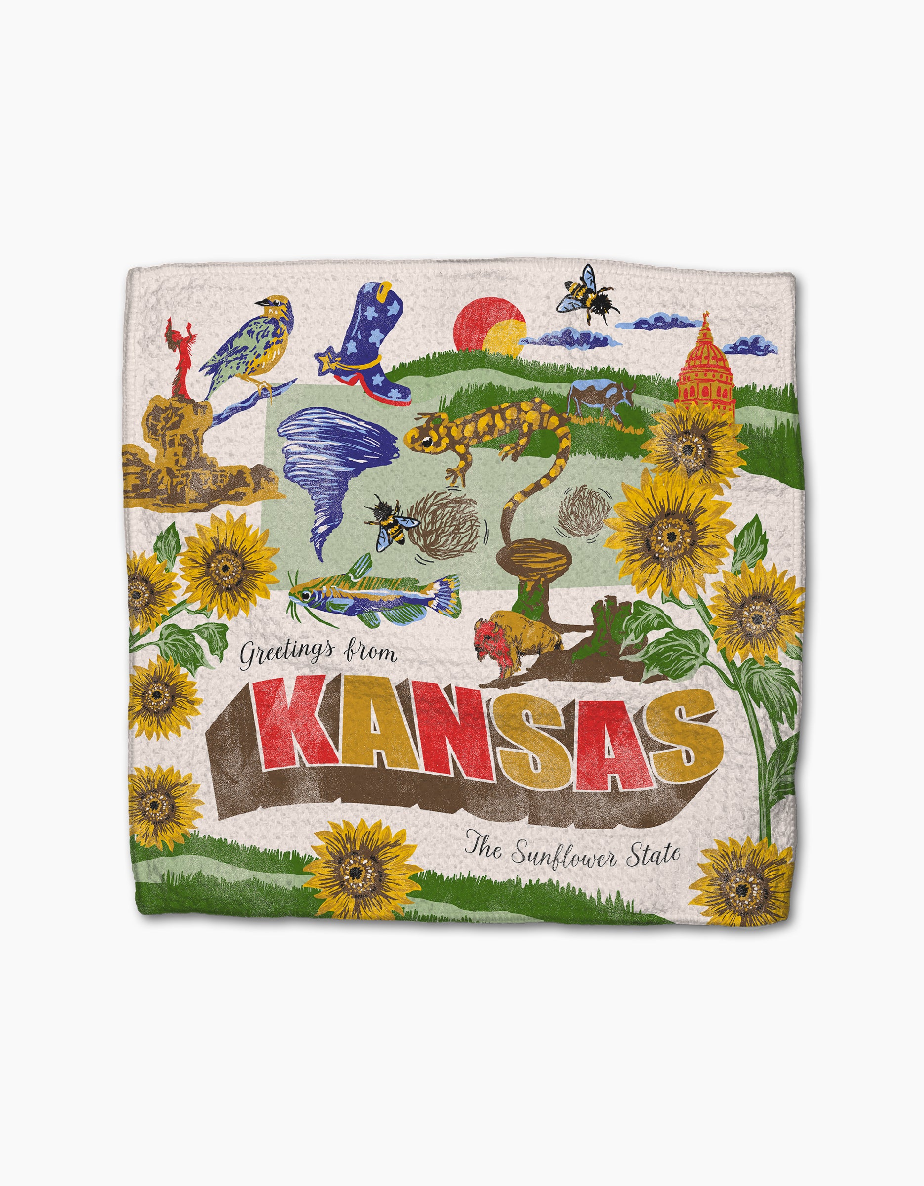 The Geometry Greetings From Kansas blanket, crafted from recycled materials, showcases sunflowers, a tornado, buffalo, state capitol, birds, butterfly, rolling hills beneath a red sun, and reads "The Sunflower State.