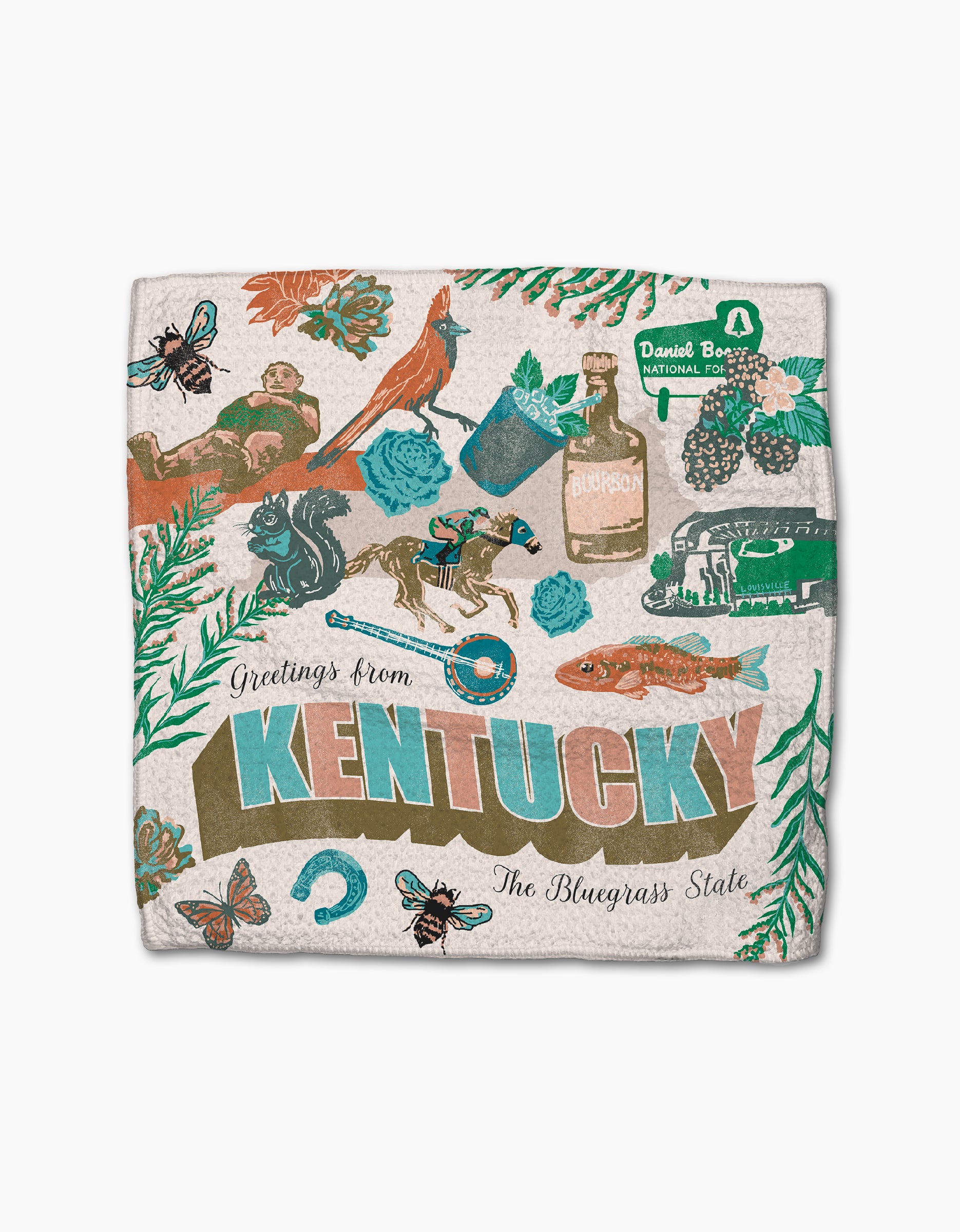 The "Greetings From Kentucky" blanket by Geometry features colorful illustrations of Kentucky symbols—horse, bourbon, Daniel Boone National Forest sign, and more—with the charm of their absorbent kitchen towels.