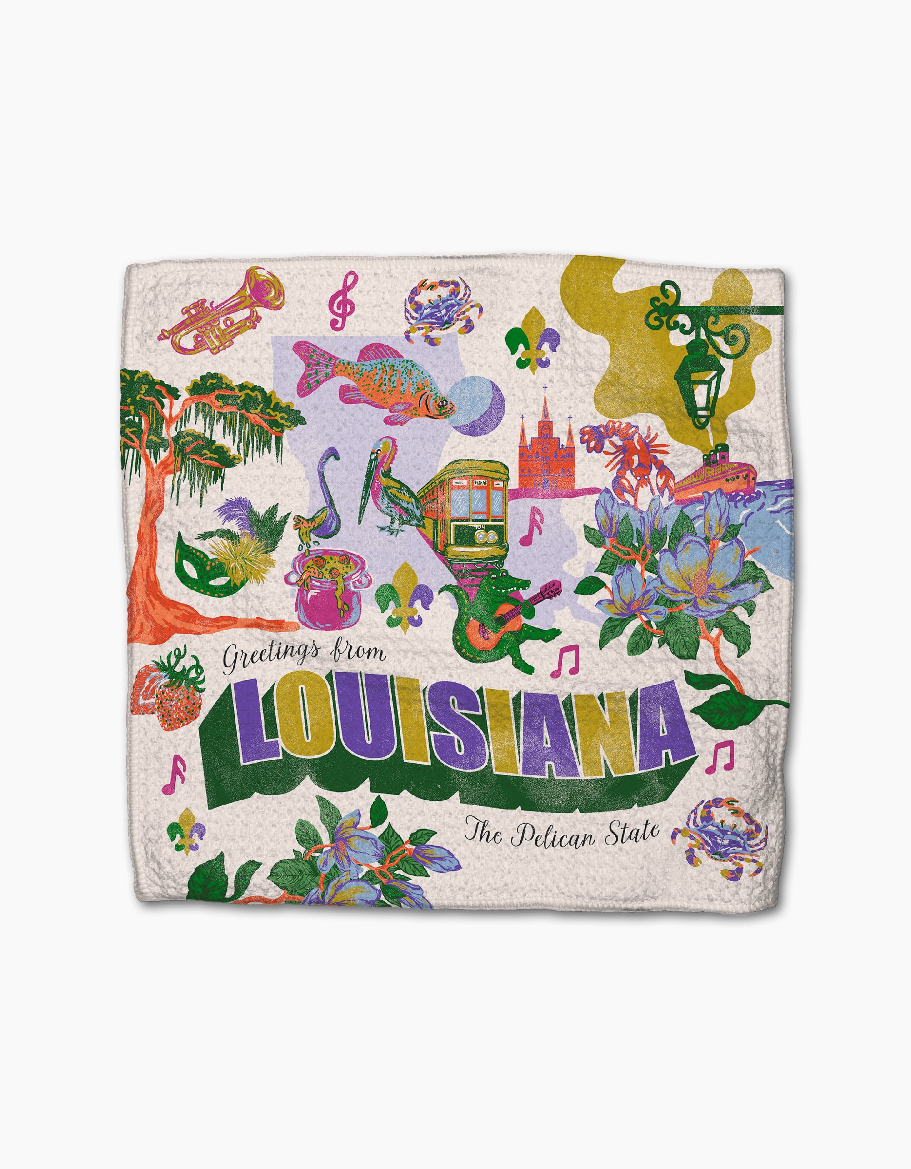 Add flair to your kitchen with Geometry’s Greetings From Louisiana dishcloth set, featuring vibrant icons like a streetcar, alligator, saxophone, and Mardi Gras masks plus “Greetings from LOUISIANA The Pelican State.” Colorful and absorbent!.