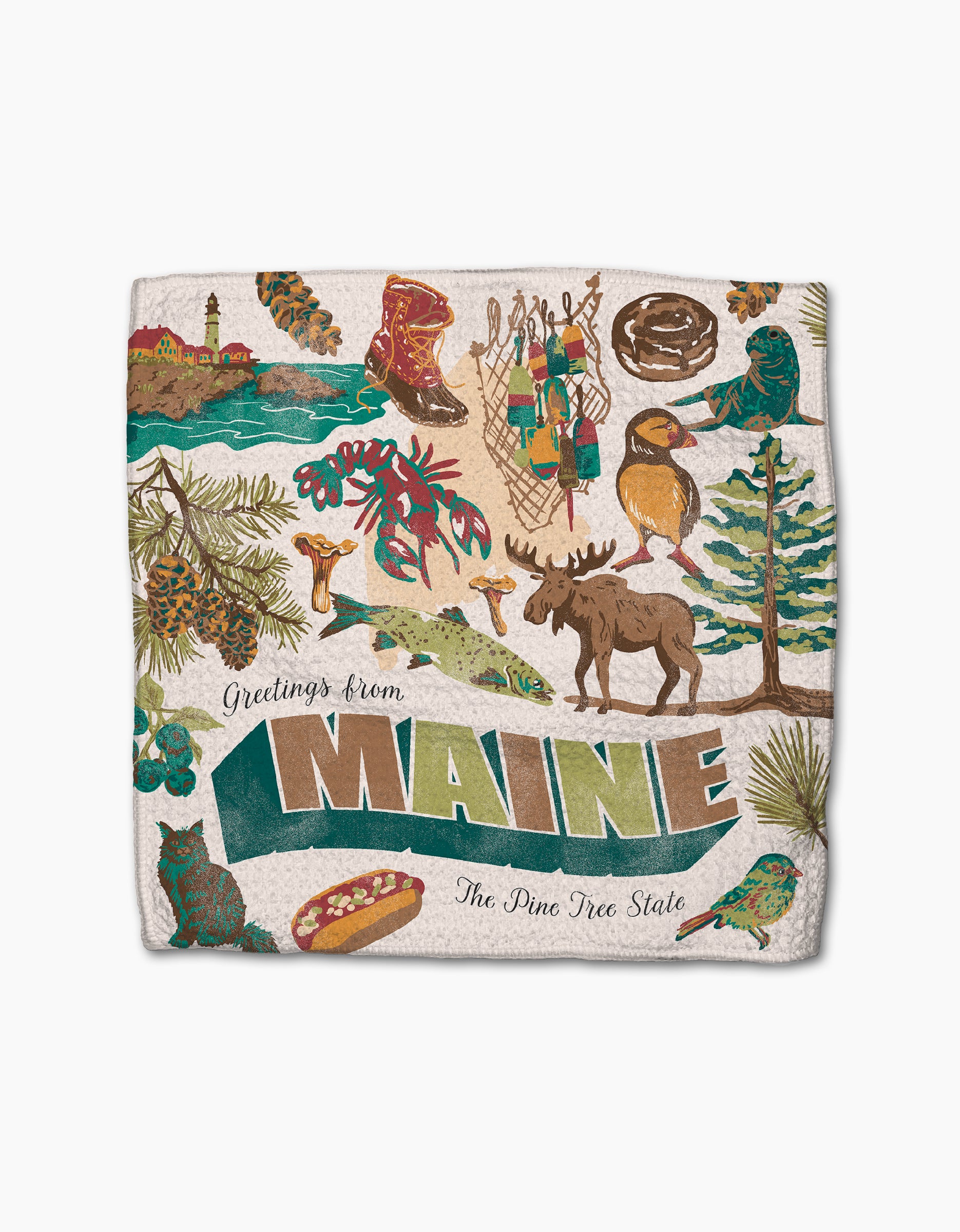 The Geometry "Greetings From Maine" blanket features colorful illustrations of Maine icons like a lighthouse, moose, and lobster traps, with “Greetings from Maine” and “The Pine Tree State”—a perfect match to our absorbent dish towels.