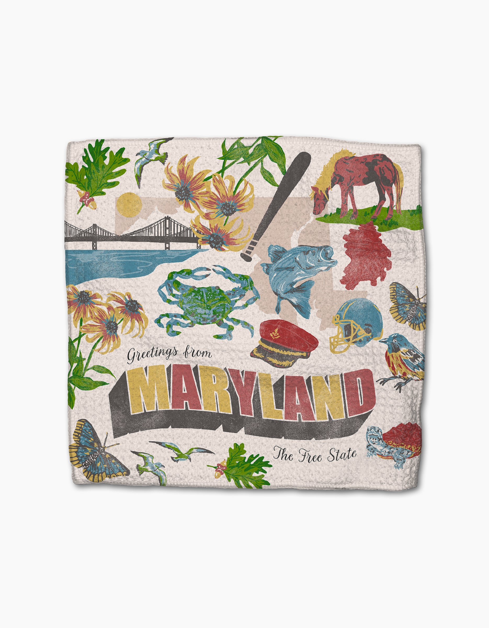 Geometry’s “Greetings From Maryland” dishcloth set features vibrant illustrations of Maryland icons—crab, orioles, blue heron, and more—with the text “Greetings from MARYLAND The Free State,” and is made with recycled materials.