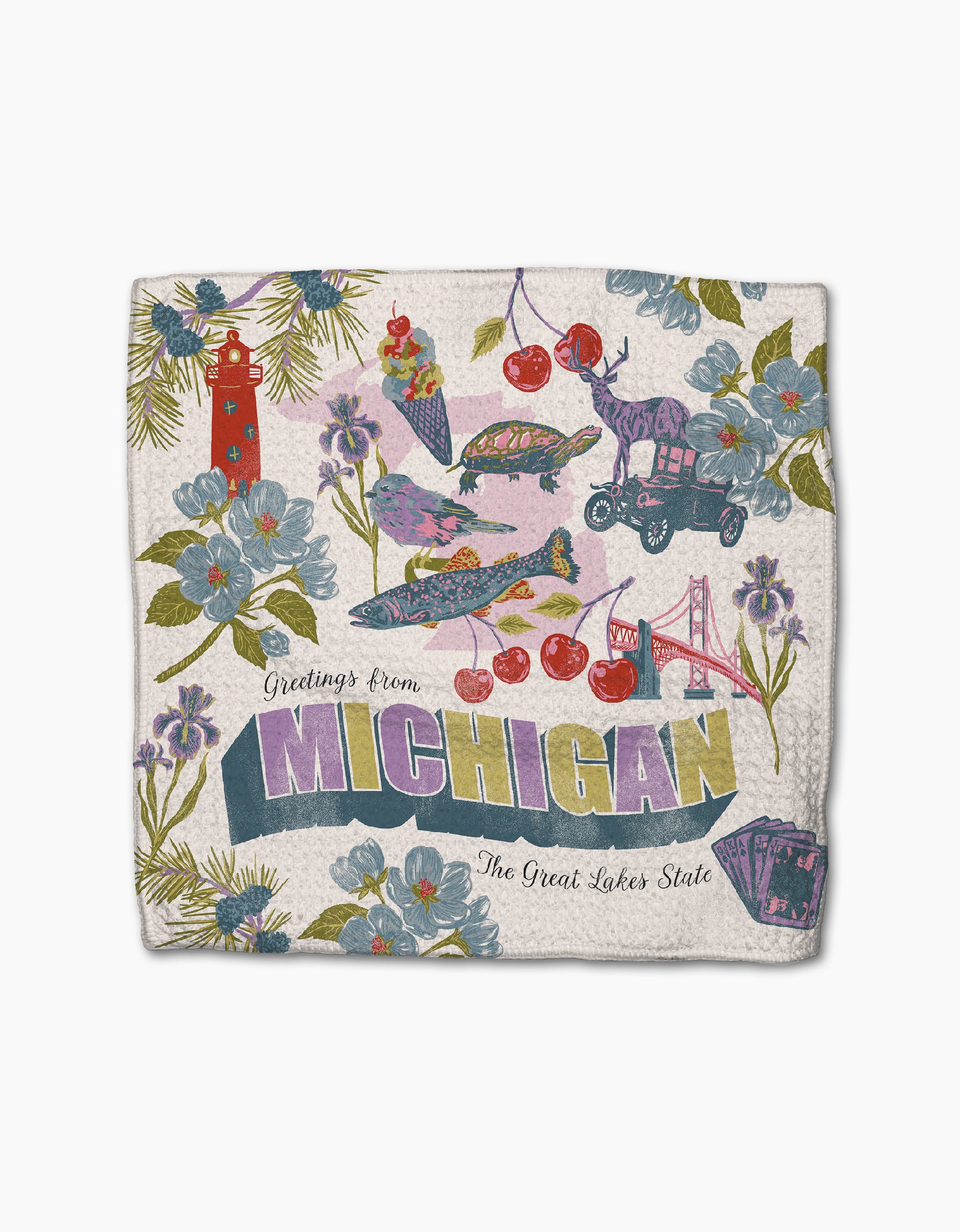 The Geometry "Greetings From Michigan" dishtowel is super-absorbent and decorative, featuring cherries, a lighthouse, fish, a car, birds, blue flowers, ice cream, the Mackinac Bridge, and "Greetings from Michigan" text.