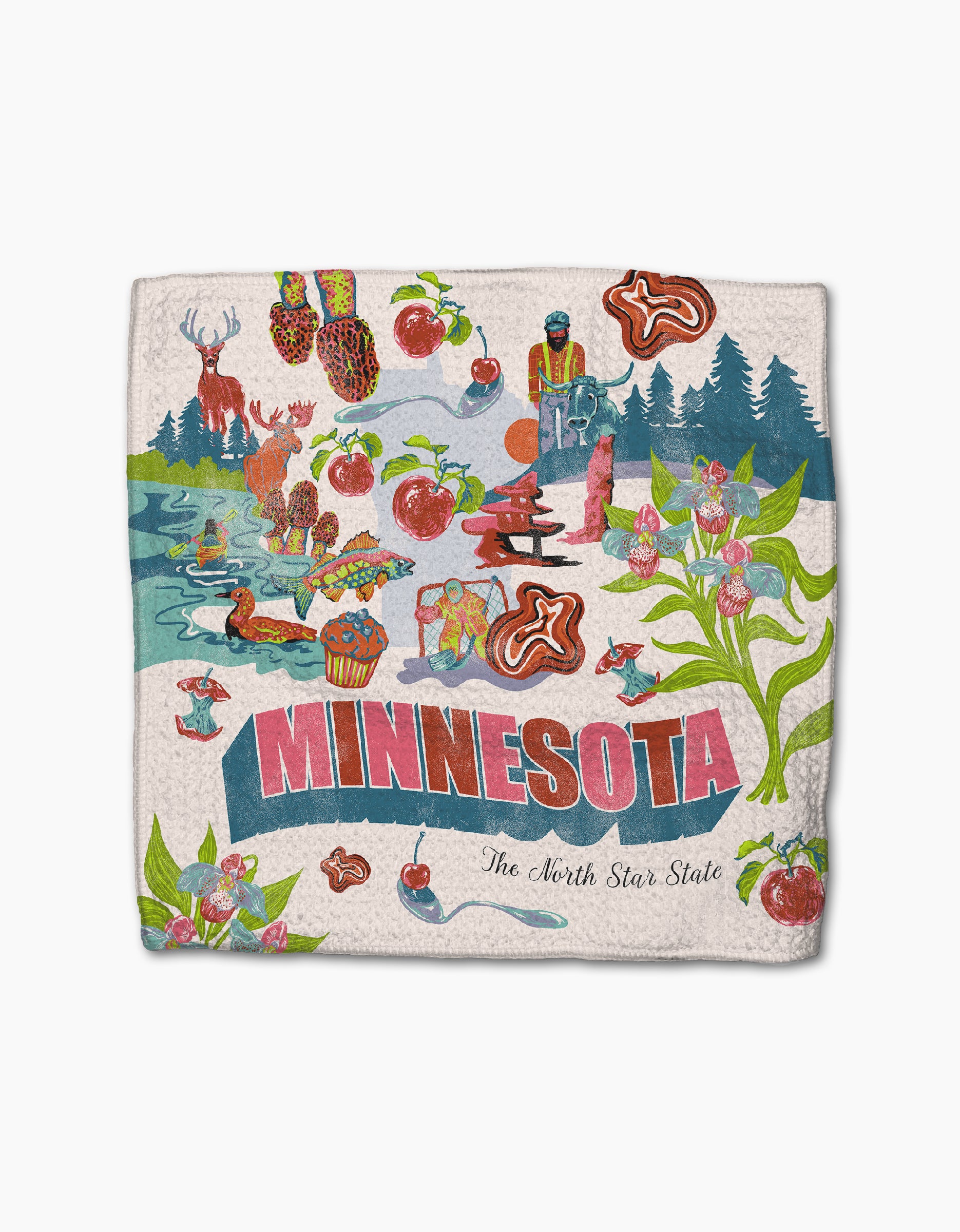 The Geometry “Greetings From Minnesota” blanket showcases fun state icons like deer, canoes, and loons. Pair it with our recycled kitchen towels for a coordinated Minnesota-inspired look.