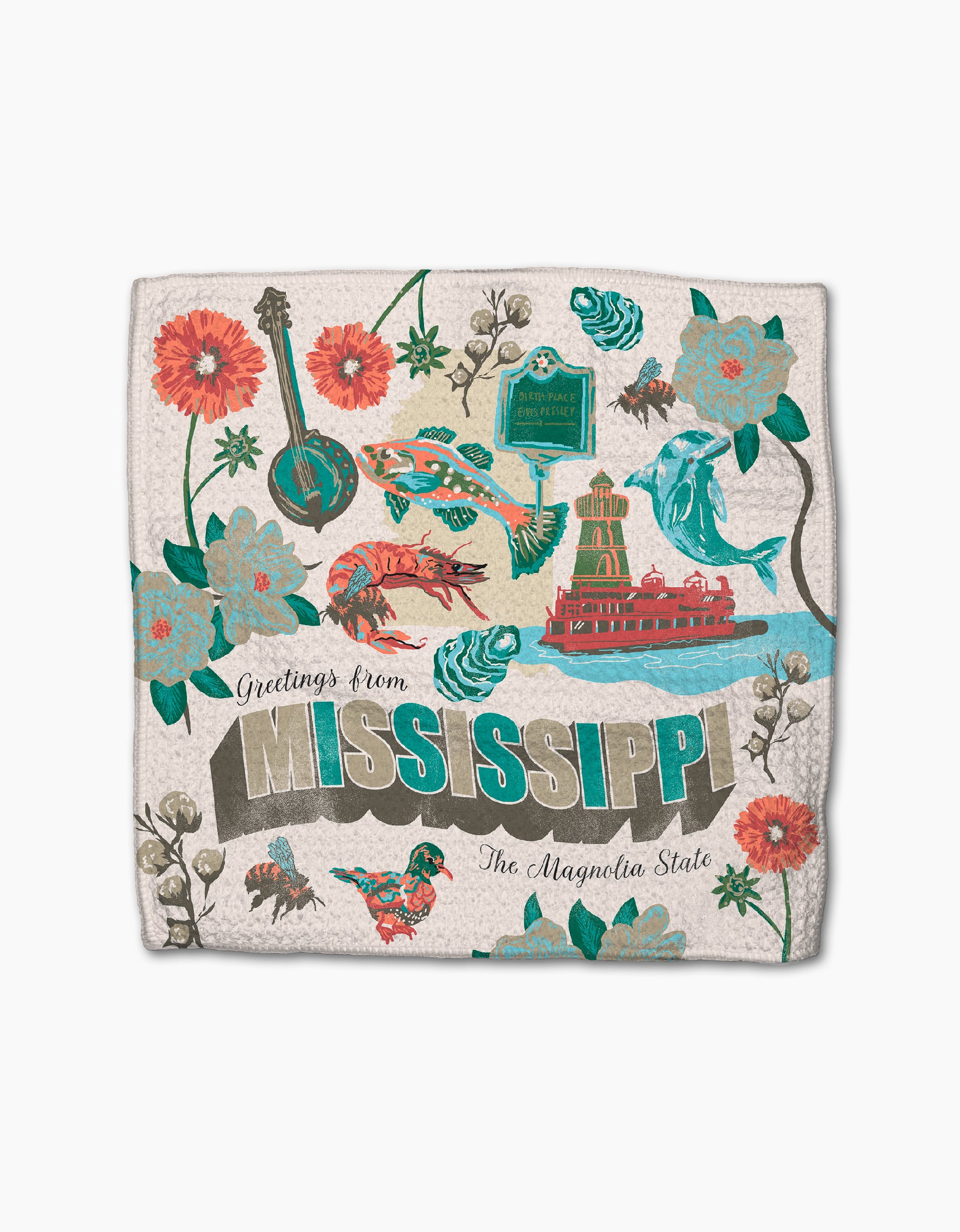 The Geometry "Greetings From Mississippi" towel is made from recycled materials and features flowers, a guitar, steamboat, fish, bird, crawfish, and magnolia blossom on a textured background with state-themed greetings.