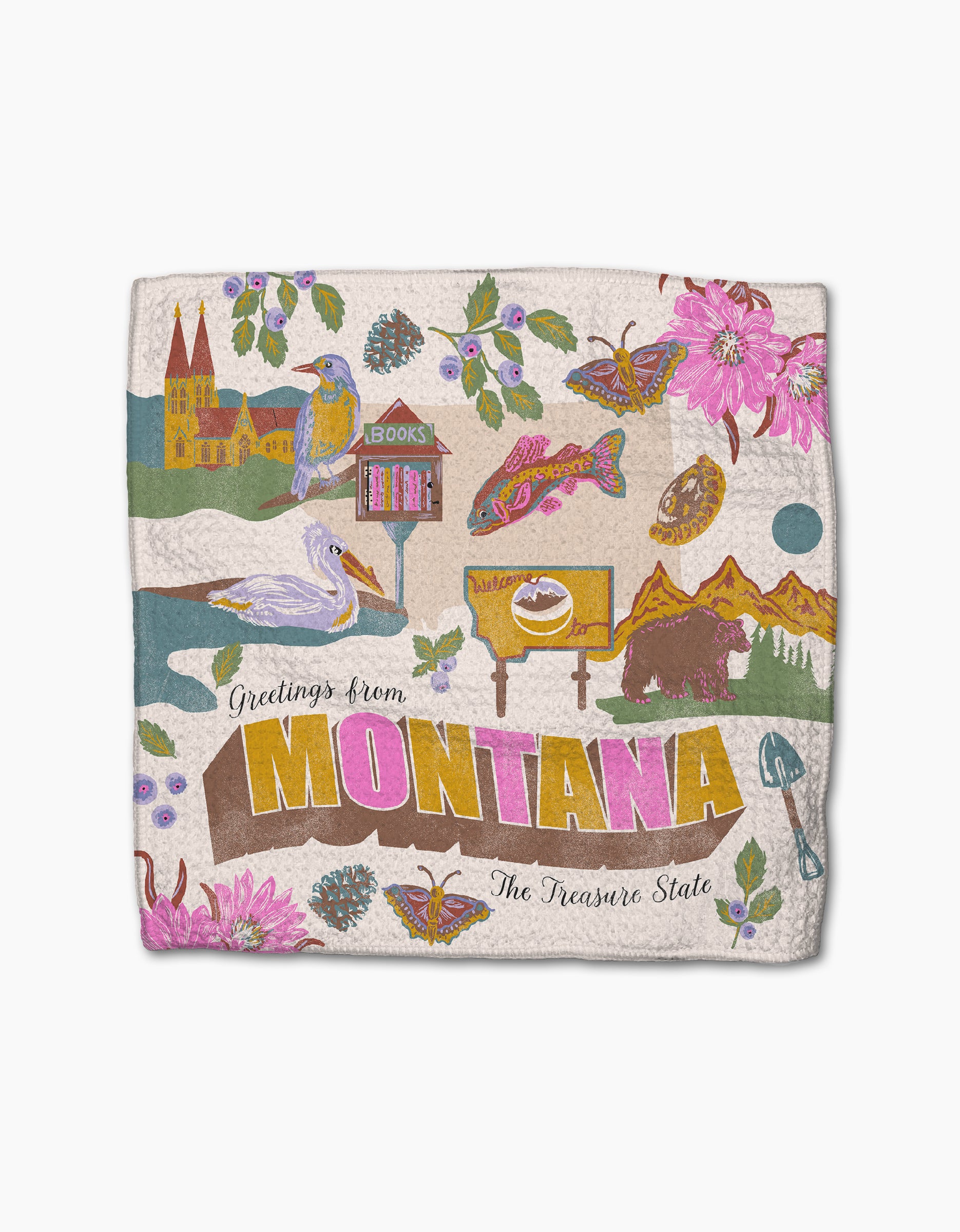 The Geometry "Greetings From Montana" decorative recycled dishcloth features “The Treasure State” and Montana-themed icons like flowers, mountains, wildlife, books, and more.