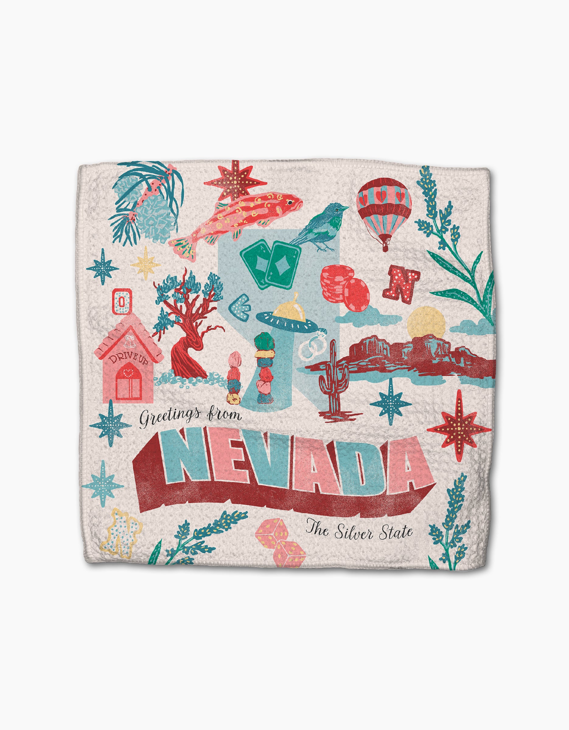 The Greetings From Nevada towel by Geometry features a vibrant design of Nevada icons—playing cards, the state outline, desert plants, dice, cacti, and more—making it a stylish and absorbent addition to your kitchen.