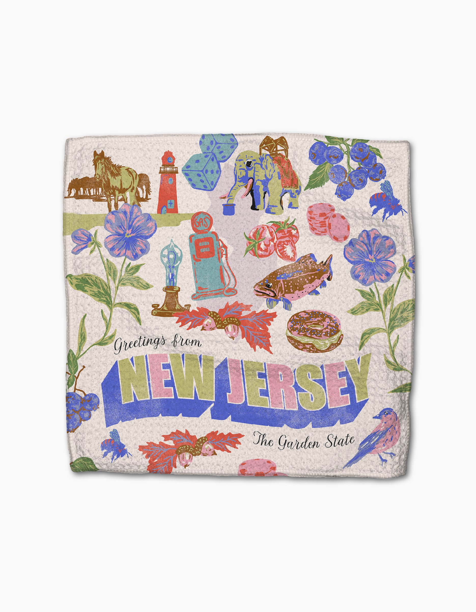 Geometry’s “Greetings From New Jersey” kitchen towel features colorful flowers, animals, a lighthouse, horses, and local icons with “The Garden State” text—perfect for brightening your space or adding to your dishcloth set.