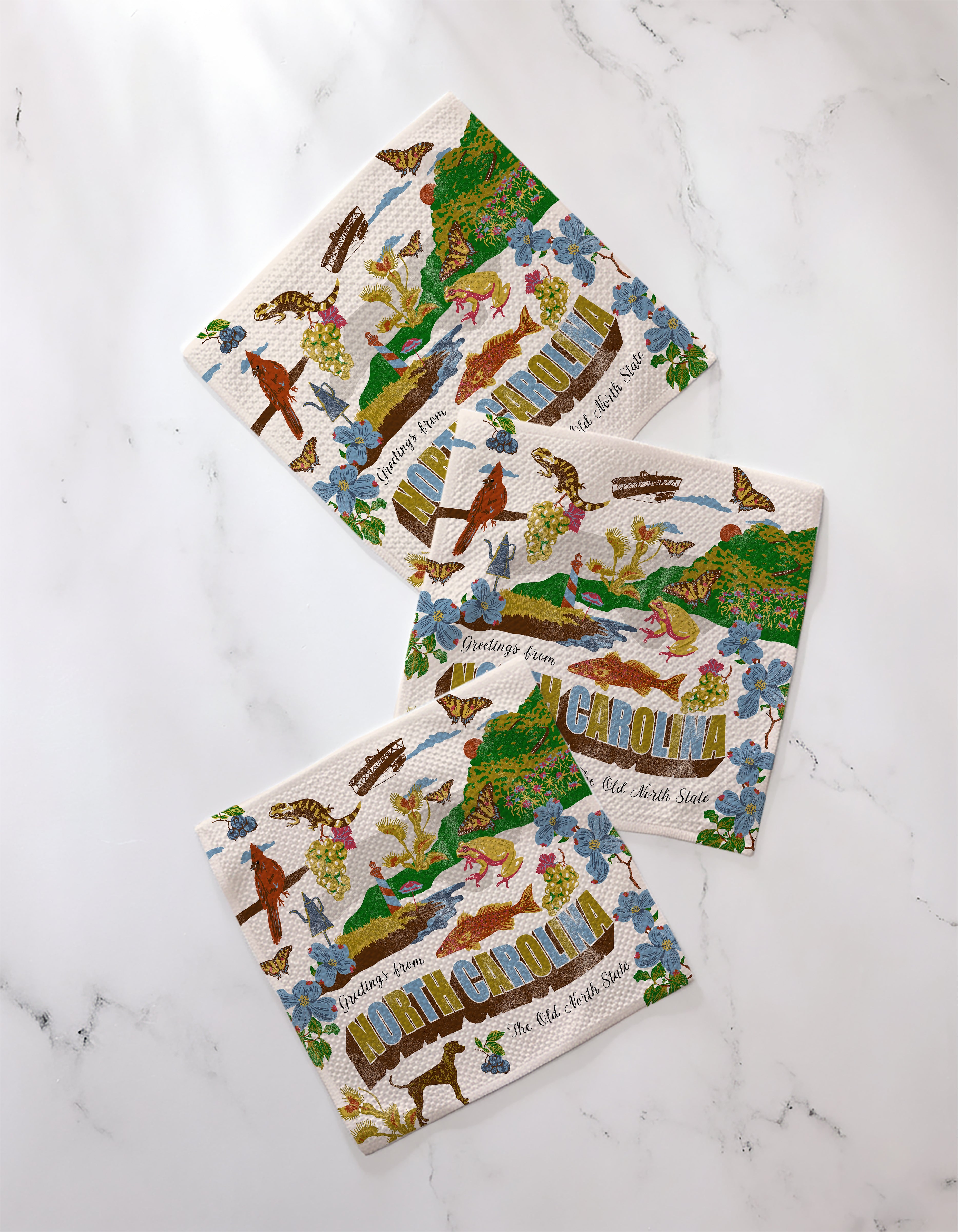 Three recycled dishcloths by Geometry, from the "Greetings From North Carolina" collection, feature colorful illustrations of NC wildlife, flowers, and landmarks with the text "Greetings from North Carolina, the Old North State.