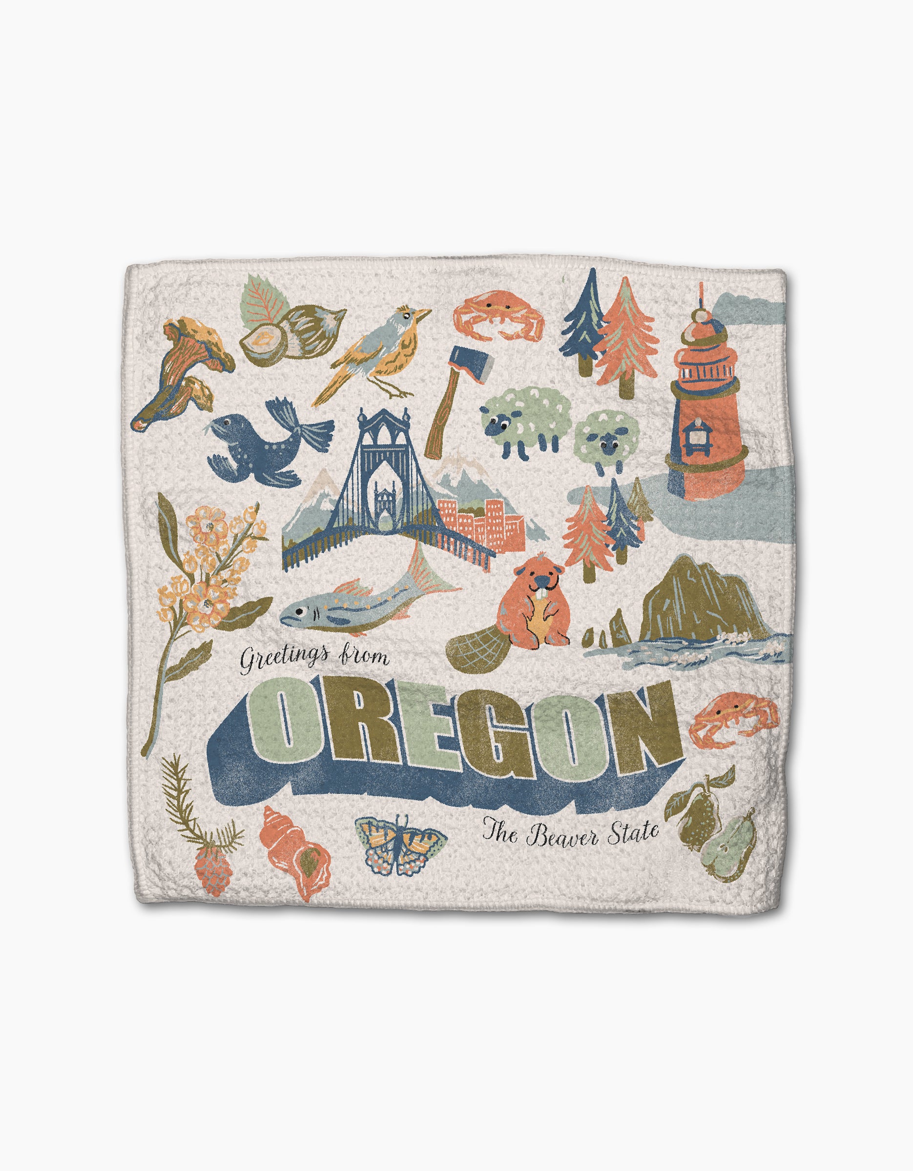 The Geometry "Greetings From Oregon" blanket is made from recycled materials and features colorful illustrations of iconic Oregon symbols with the text “Greetings from OREGON The Beaver State.”.