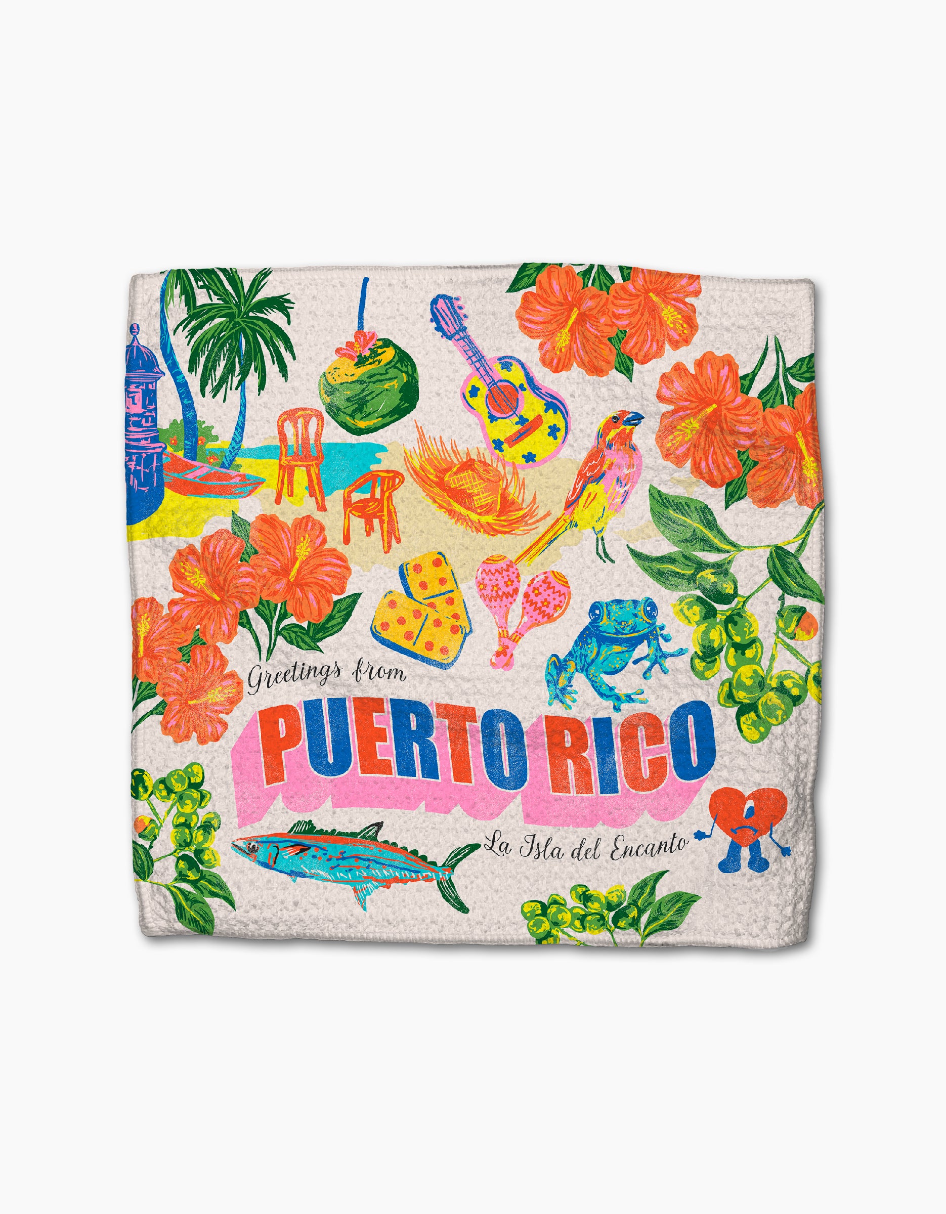 Geometry’s “Greetings From Puerto Rico” kitchen towel features bold, artistic lettering surrounded by tropical flowers, palm trees, instruments, food, and animals in a colorful, eco-friendly design.