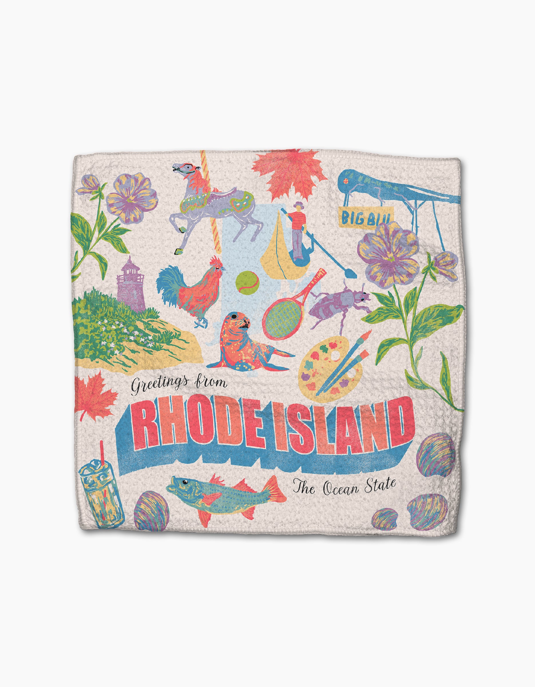 The Geometry "Greetings From Rhode Island" dishtowel features vibrant illustrations of local icons such as a rooster, flowers, tennis rackets, a lobster, and “The Ocean State” slogan in a super-absorbent design.