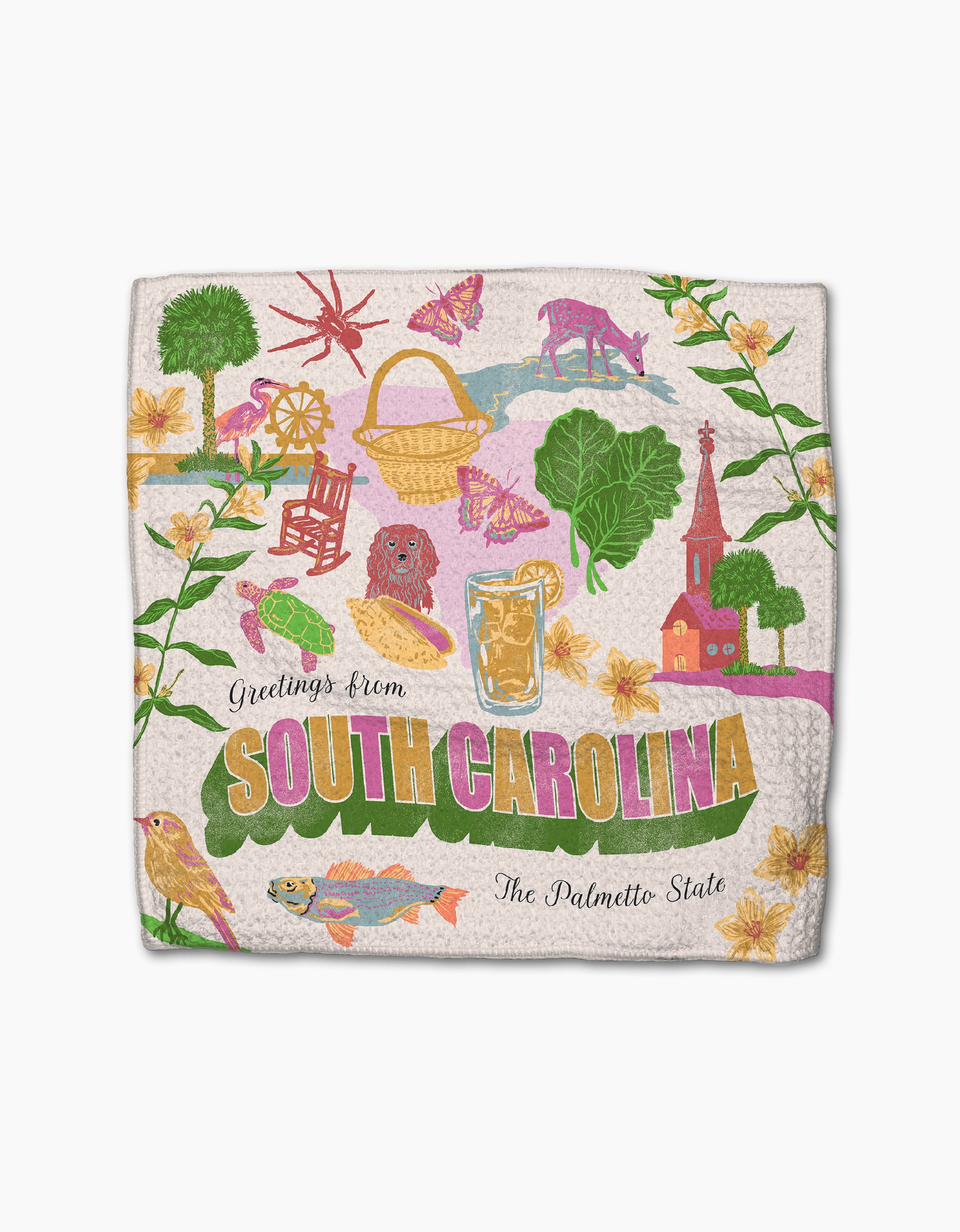 The Geometry “Greetings From South Carolina” dishtowel showcases state icons and the text “Greetings from South Carolina – The Palmetto State.” Crafted with recycled materials for a colorful, absorbent, and eco-friendly addition to your kitchen.