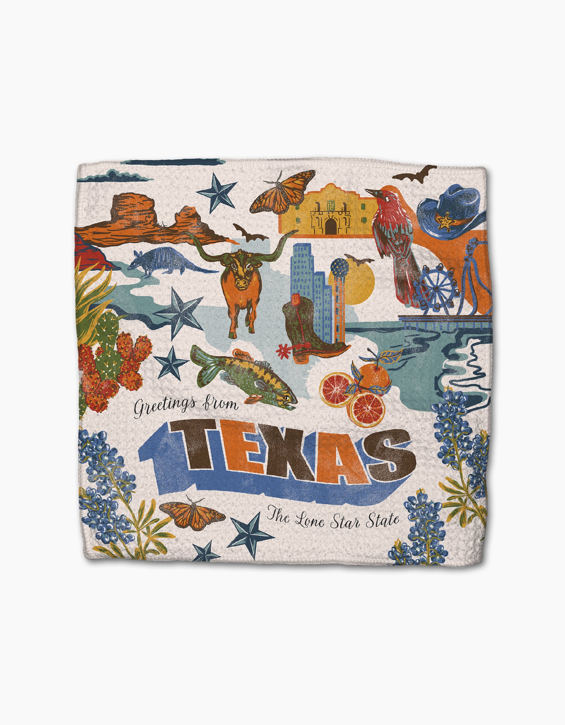 The Geometry Greetings From Texas blanket features a colorful illustration of Texas icons—cowboy hat, longhorn, armadillo, cactus, bluebonnets, oranges, buildings—with “Greetings from TEXAS The Lone Star State” text on recycled material.