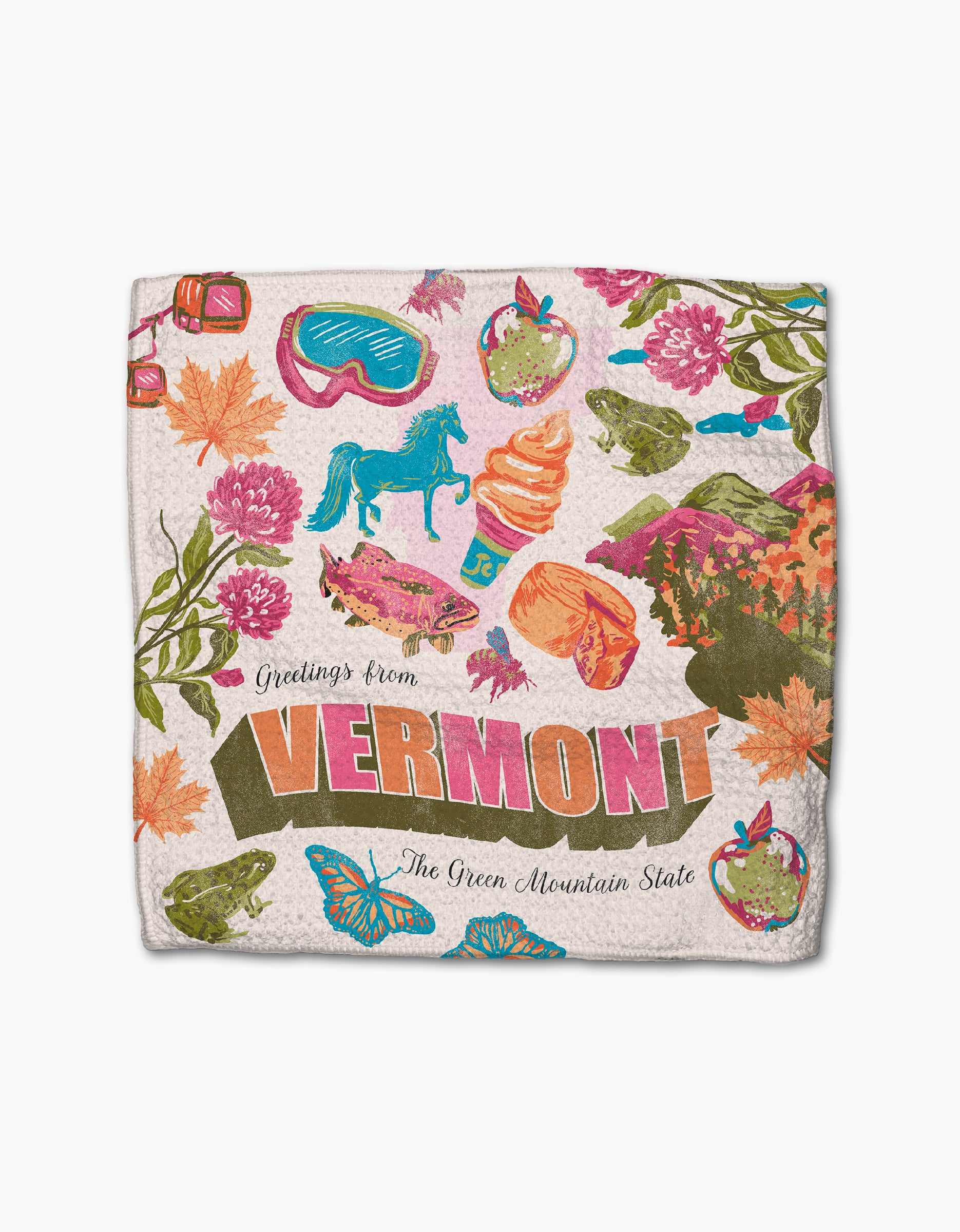 The Geometry "Greetings From Vermont" dishtowel features vibrant Vermont symbols and the phrase "Greetings from VERMONT The Green Mountain State." Made with recycled materials for an eco-friendly, super-absorbent touch.