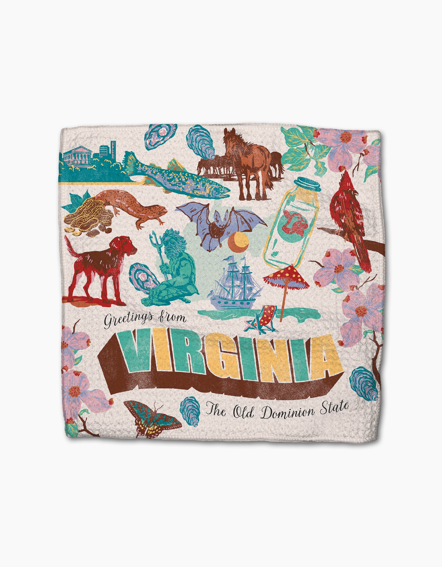 The Geometry "Greetings From Virginia" kitchen towel is colorful and absorbent, featuring vintage-style illustrations and text with landmarks, animals, flowers, a ship, peaches, and the words “Greetings from Virginia” and “The Old Dominion State.”.