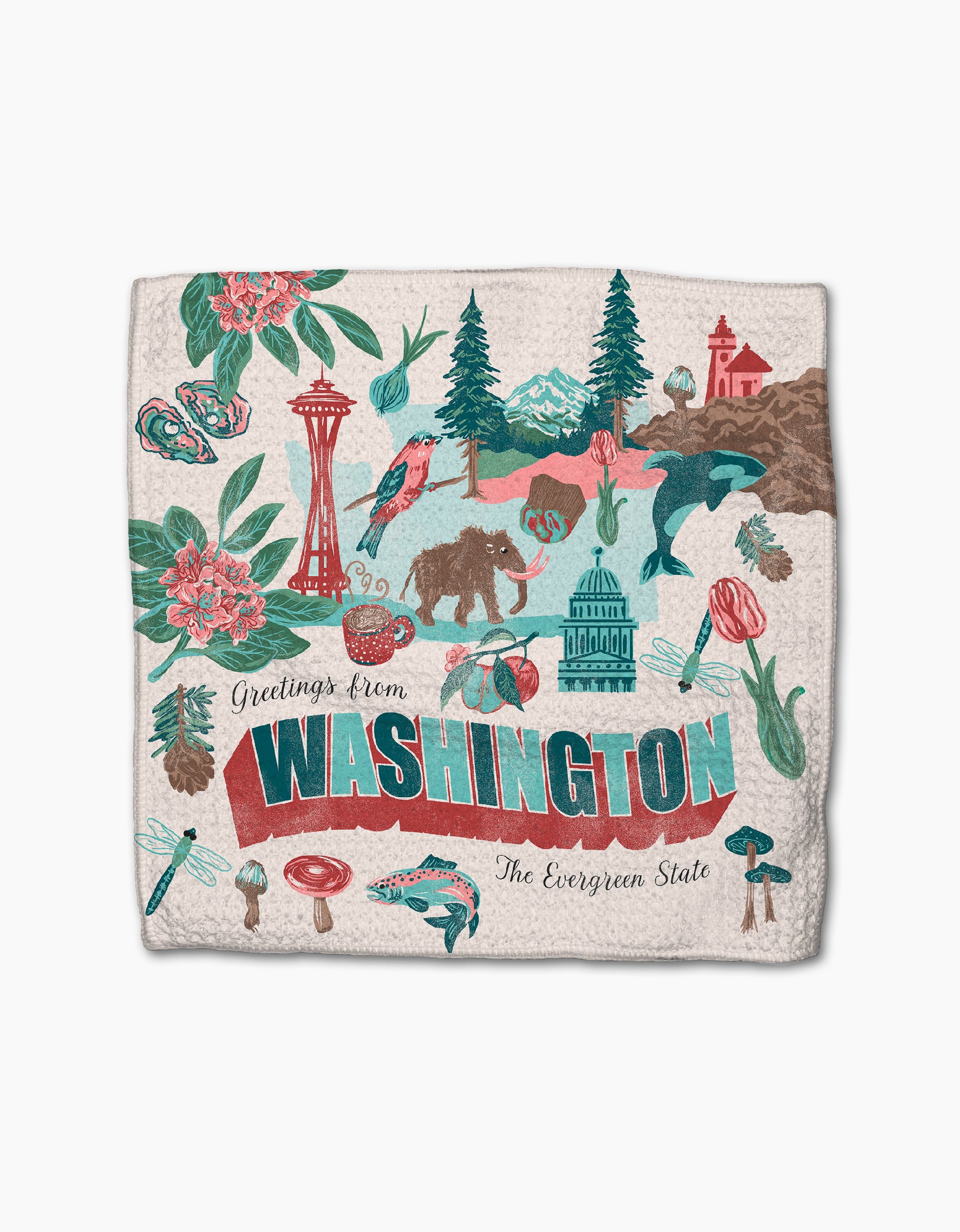 The Geometry "Greetings From Washington" blanket features vibrant illustrations of the Space Needle, mountains, trees, and state icons—crafted from soft recycled materials.