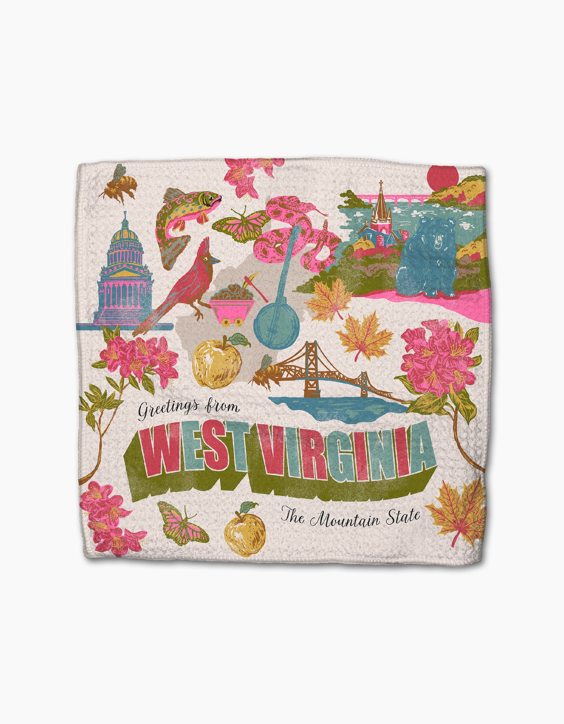 The Geometry “Greetings From West Virginia” blanket features vibrant state symbols—pink flowers, a cardinal, the Capitol, a banjo—and is crafted from recycled materials with “Greetings from West Virginia, The Mountain State” text.