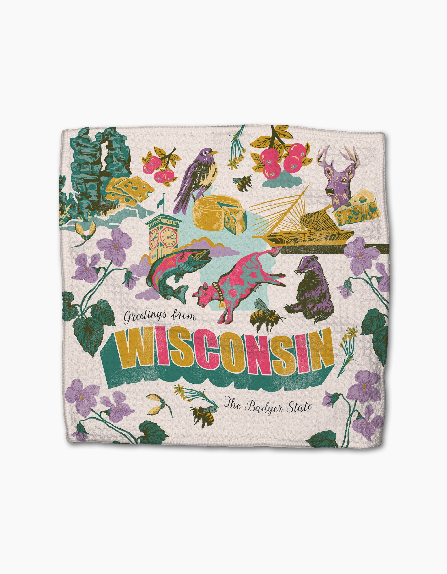 Geometry’s “Greetings From Wisconsin” dishcloth set showcases state symbols—badger, deer, robin, fish, cheese, cranberries, violets—on colorful, super-absorbent dishtowels made from recycled materials.
