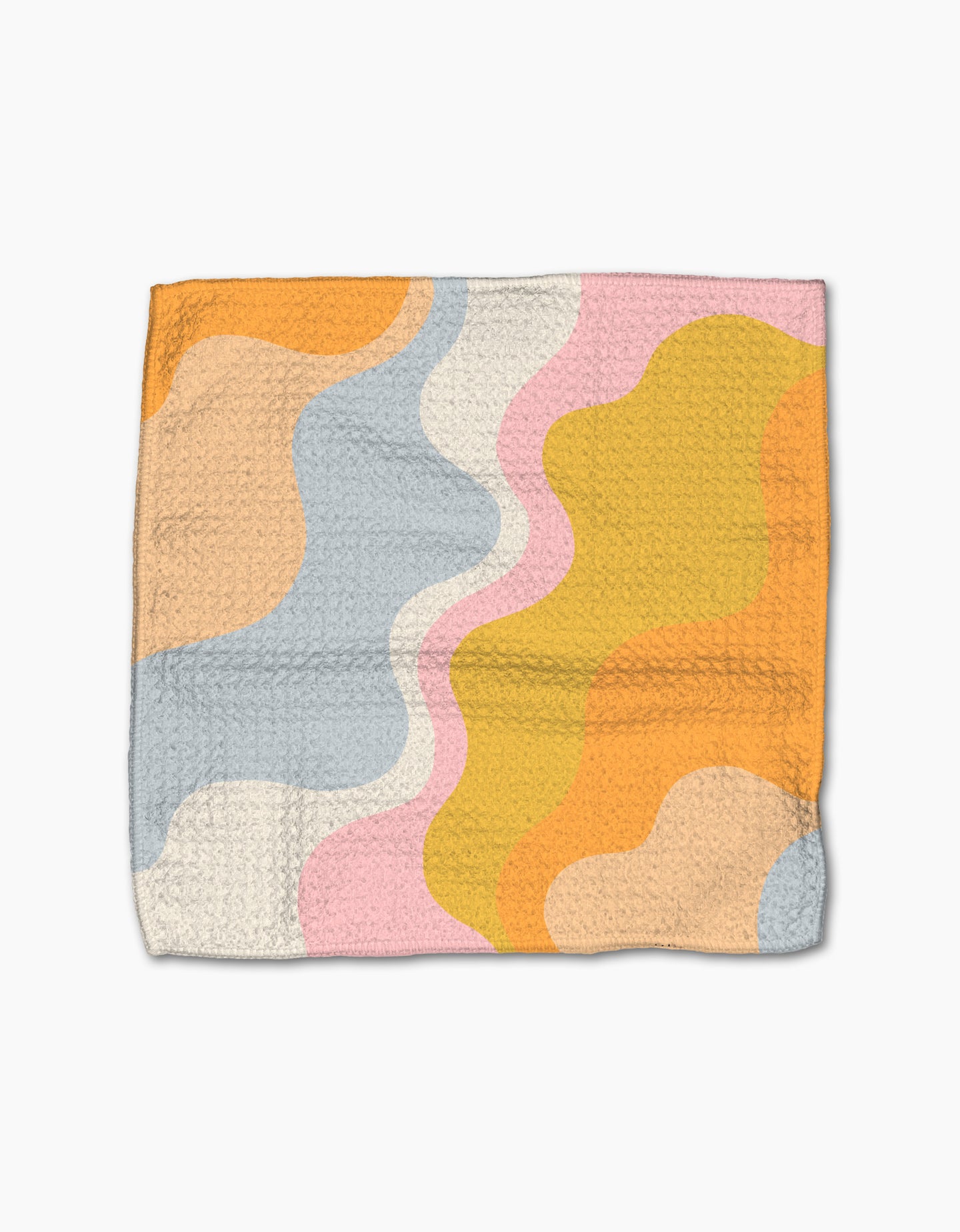 The Gerdadzy Happy Waves blanket features wavy, abstract shapes in pastel orange, yellow, blue, cream, and pink on white—crafted from recycled materials for an eco-friendly touch.
