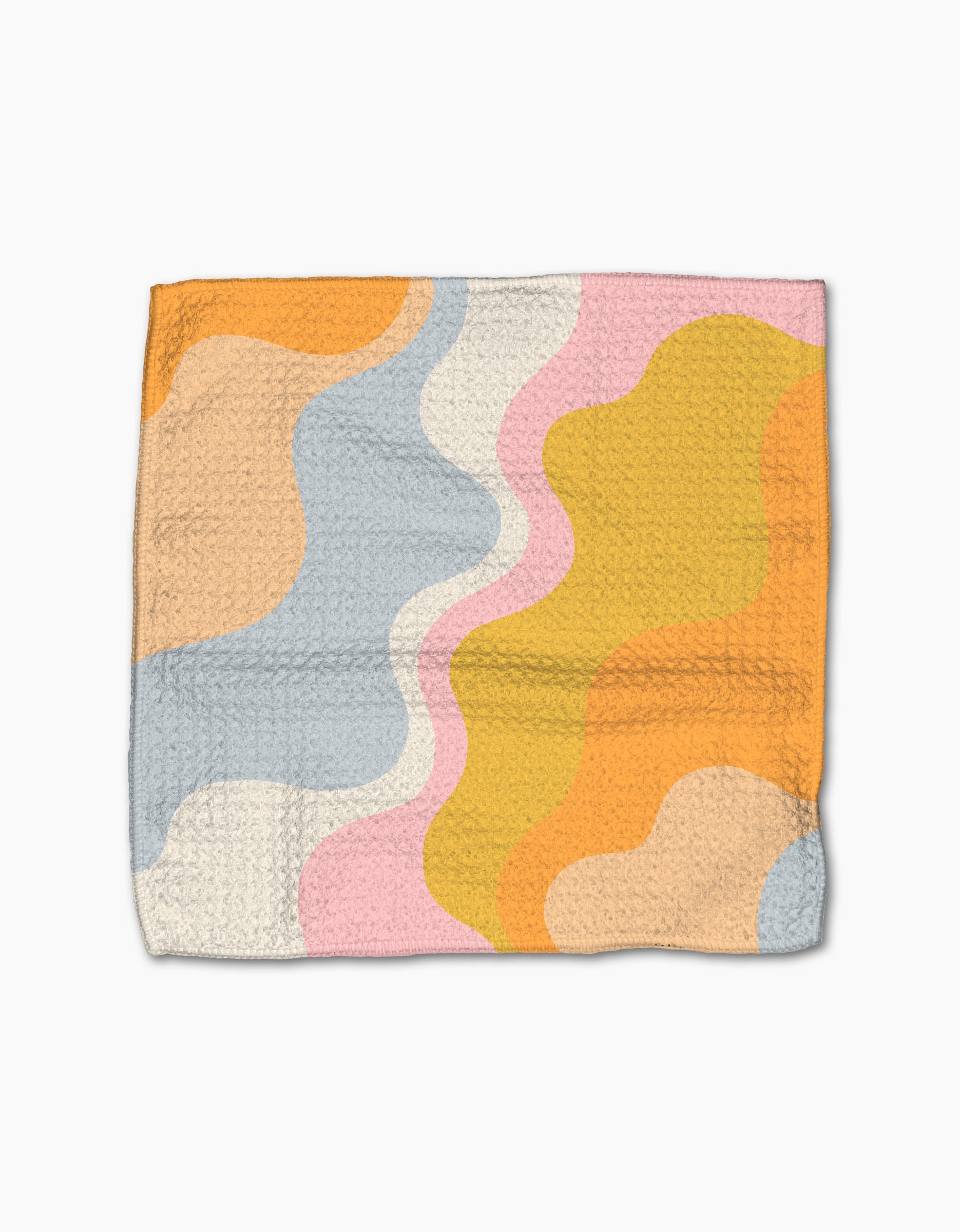 The Gerdadzy Happy Waves blanket features wavy, abstract shapes in pastel orange, yellow, blue, cream, and pink on white—crafted from recycled materials for an eco-friendly touch.