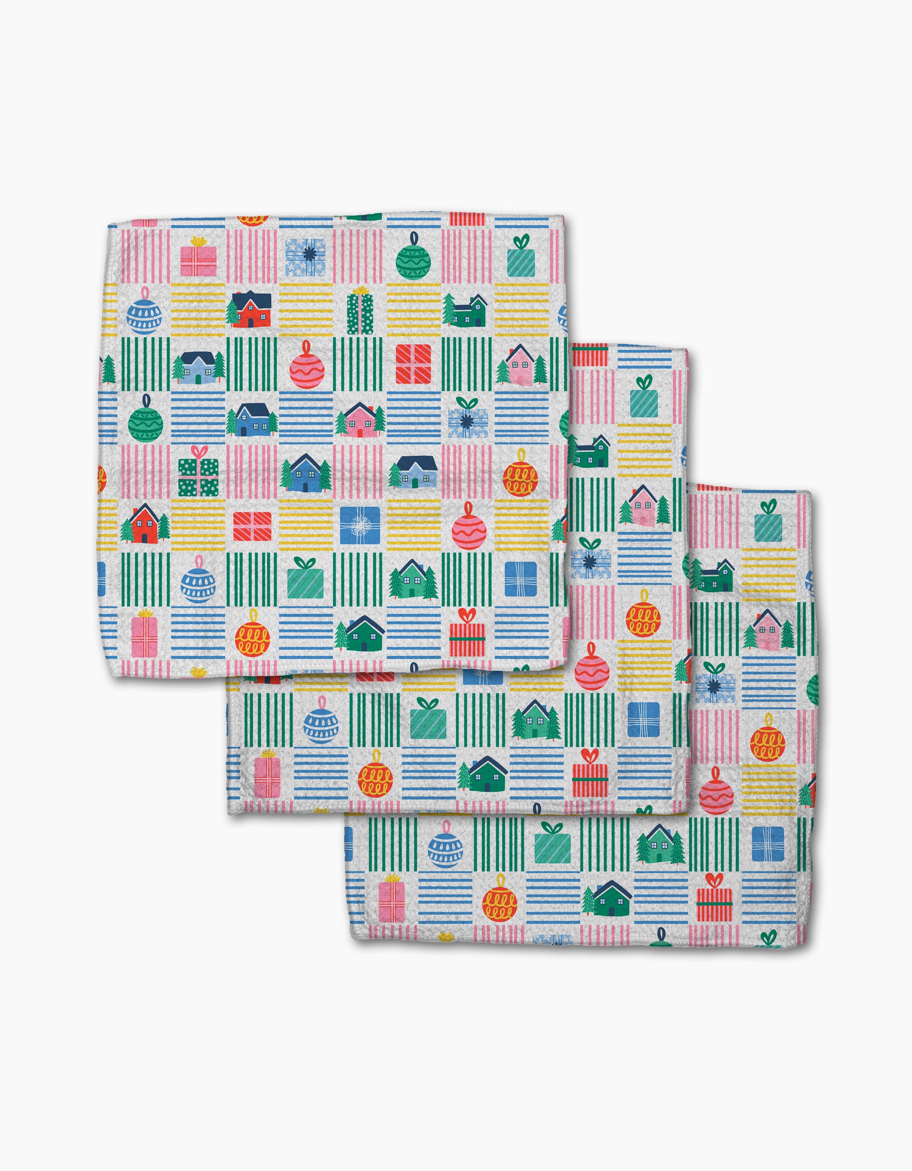 The Ceyda Alasar Holiday Checkered set includes three absorbent dish towels with a colorful houses, trees, and hearts pattern—perfect for brightening up any kitchen.