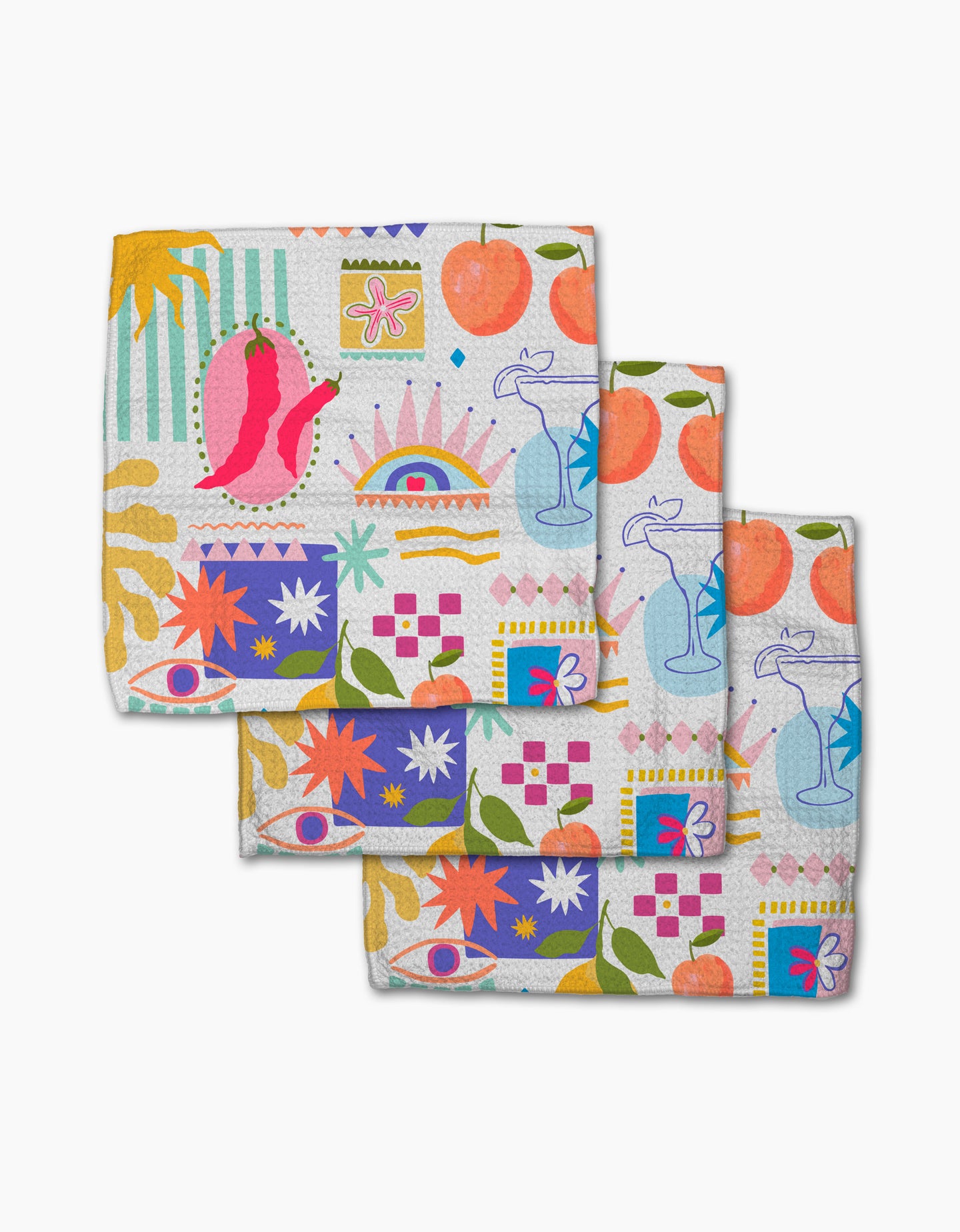 The Italian Picnic set by Marina Solodka features three recycled dishcloths with colorful, playful designs—flowers, fruits, chili peppers, hands, eyes and more—on a white background, stacked with a slight overlap for display.