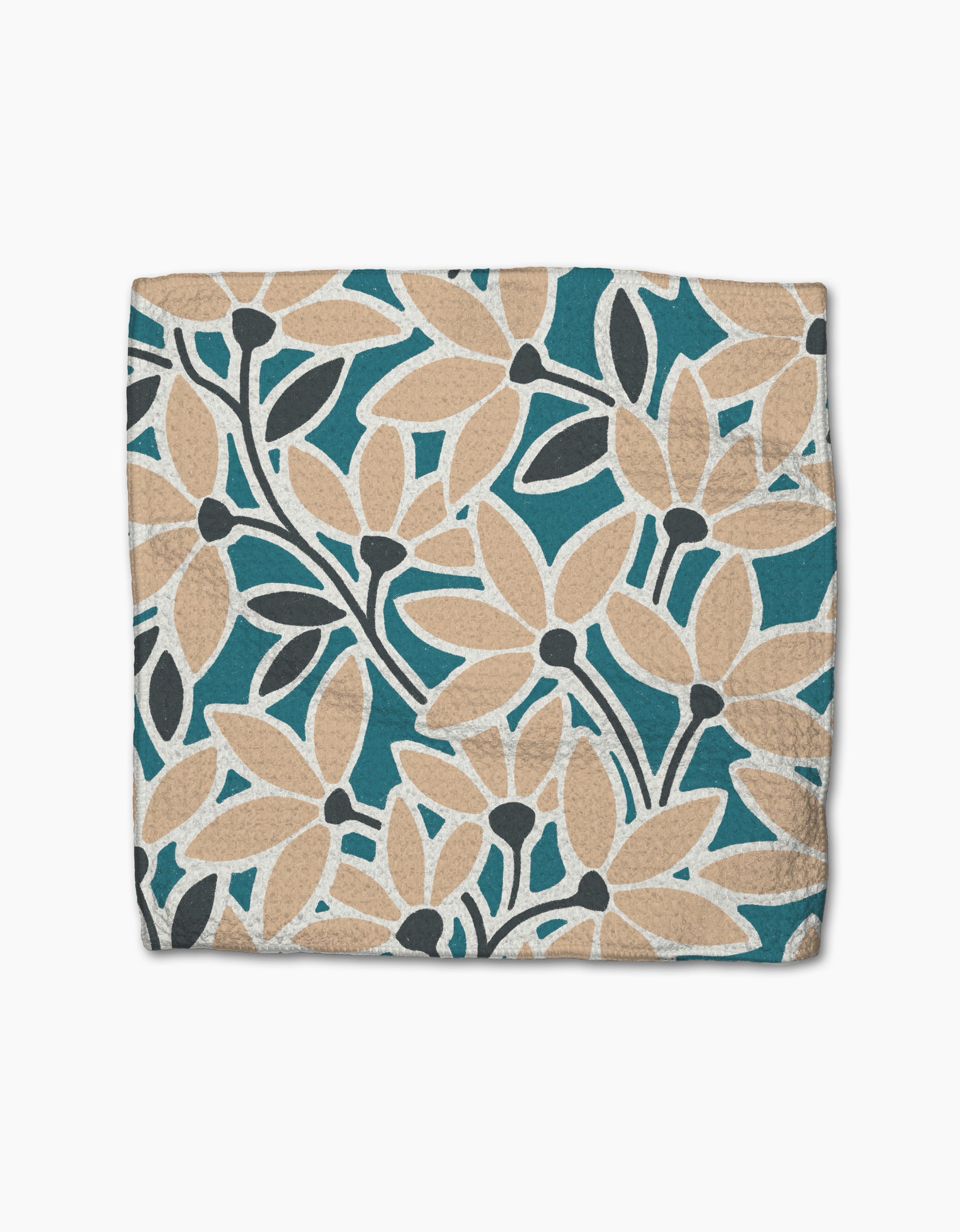 The Janine dishcloth by Amy MacCready features a botanical print with beige and teal leaves and dark stems on textured Geoweave fabric.