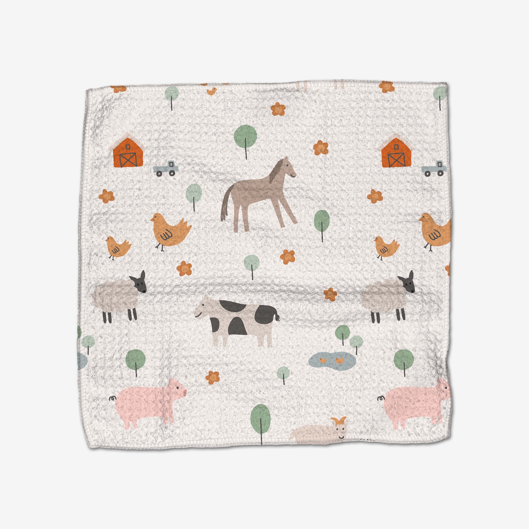The Coit Creative Light Farm Animals Geoweave dishcloth showcases horses, cows, pigs, sheep, chickens, barns, trees, flowers, and ponds in soft pastels. Made from recycled materials for an eco-friendly touch.