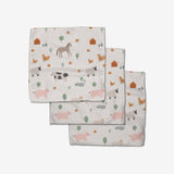 Three folded Coit Creative Light Farm Animals baby washcloths feature a playful farm animal pattern on soft, durable Geoweave fabric, displayed on a textured background.