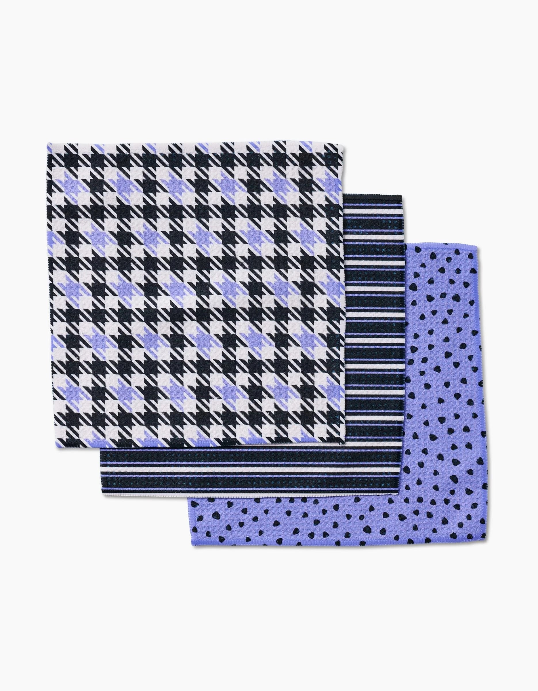 Lilac Schemes by Hufton Studio: three recycled handkerchiefs—top in black, white & purple houndstooth; middle with blue, black & white stripes; bottom in purple with small black spots.