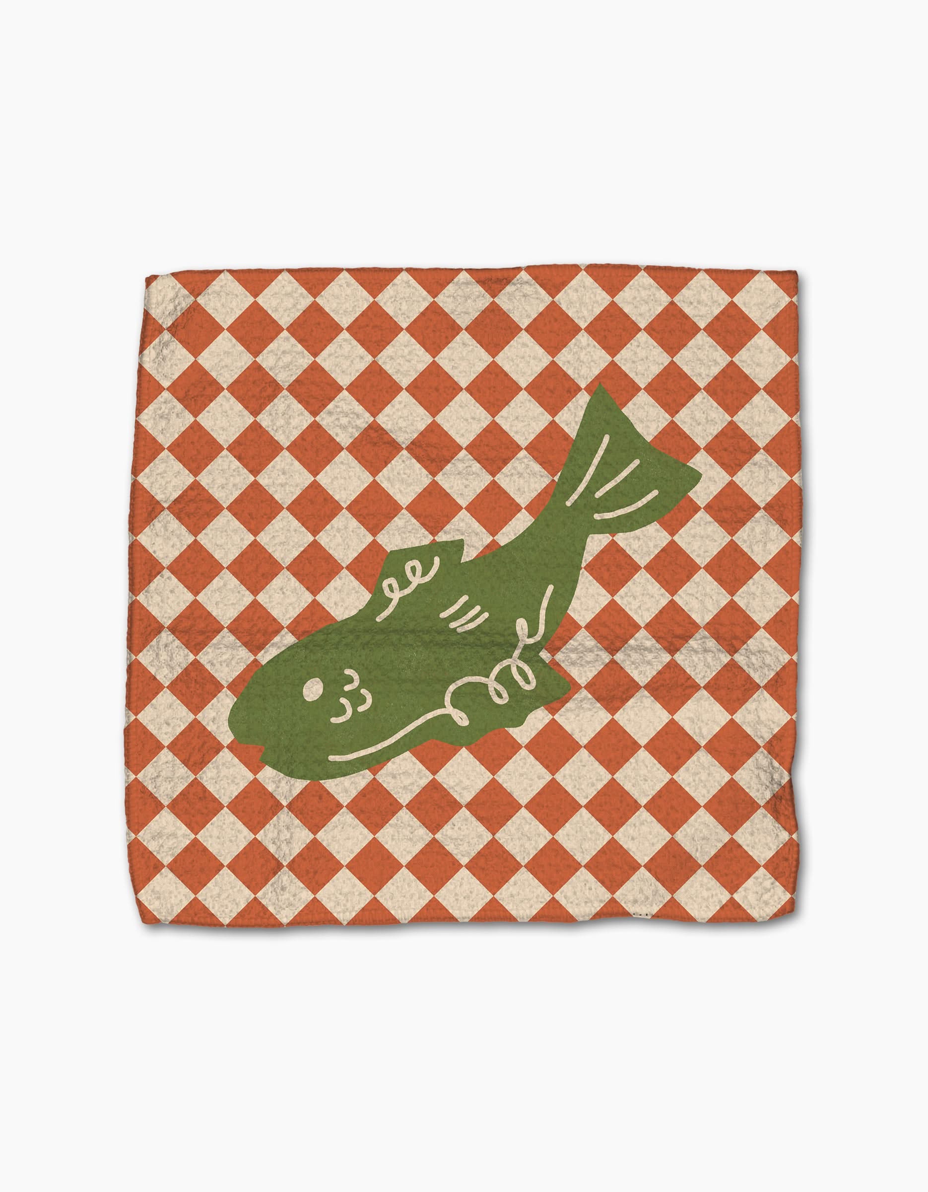 The Mar dishcloth napkin by Geometry features a green fish illustration centered on a red and white checkered, slightly distressed recycled fabric.